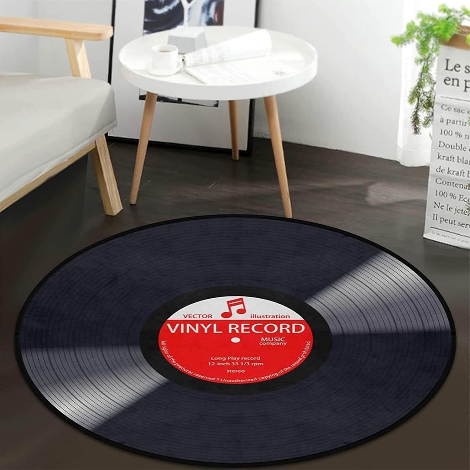 Stylish Solid Music Record Round Rug - 4' Memory Foam Carpet for Home Decor