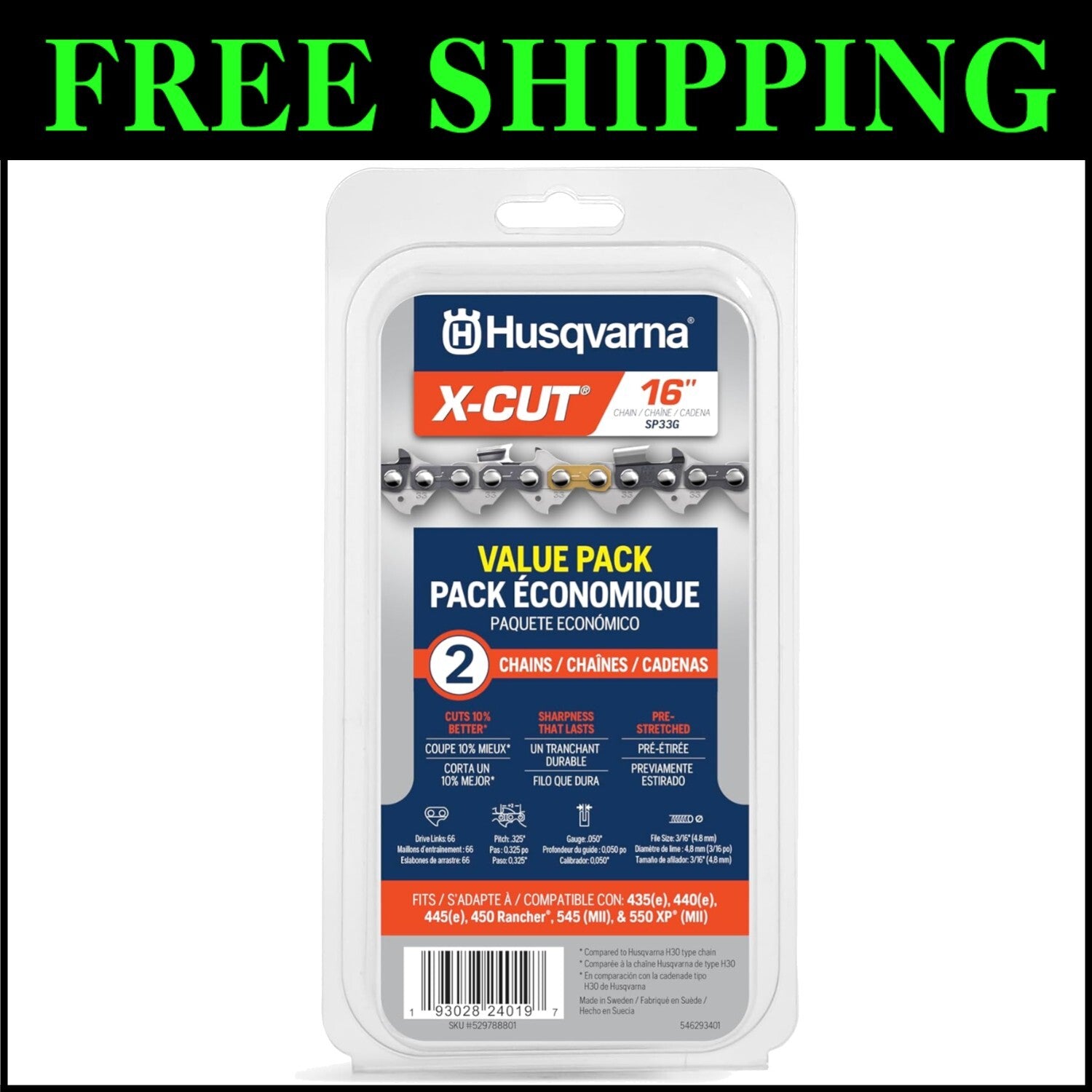 16 Inch Chainsaw Chain - X-Cut SP33G, Low Kickback, Perfect for Arborists - 2pk