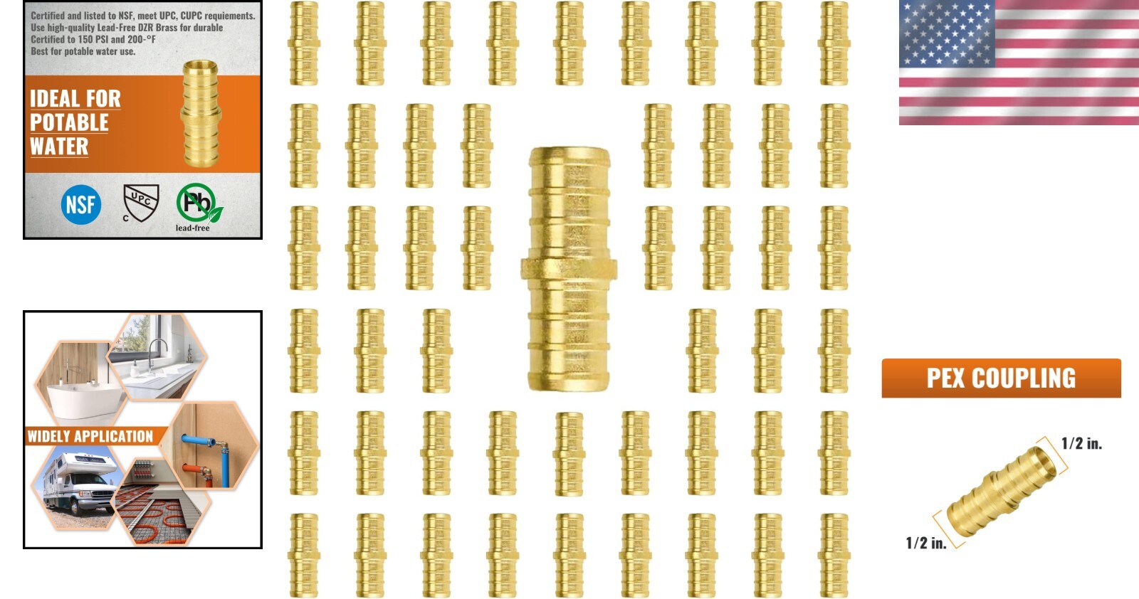 50-Pack 1/2" Lead-Free Brass PEX Coupling - NSF Certified Plumbing Fittings