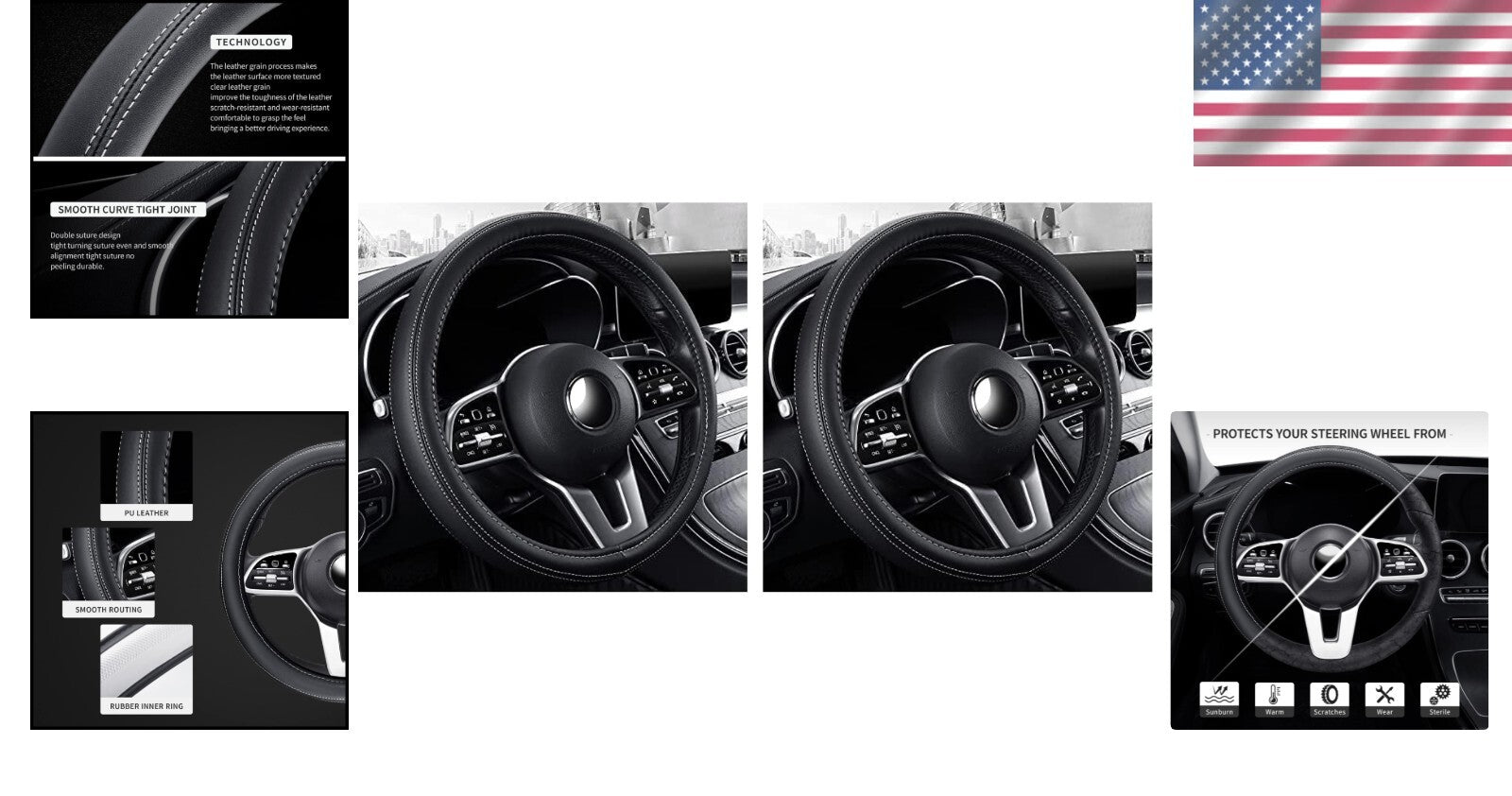 Comfortable Elastic 15" Steering Wheel Cover in Elegant Black & White - 2 Pack