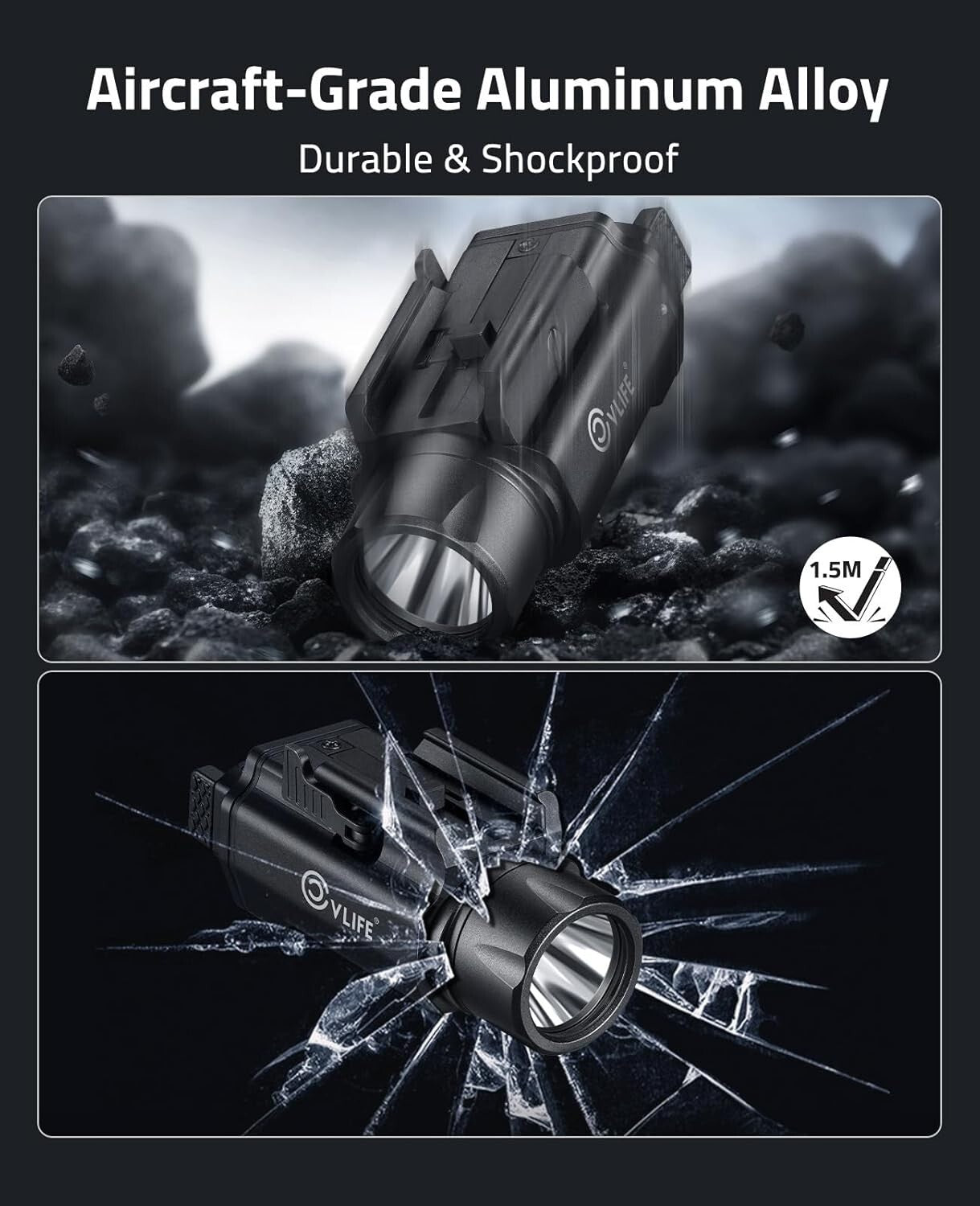 Adjustable Picatinny Flashlight - 1500 Lumens Magnetic Rechargeable Pistol Light