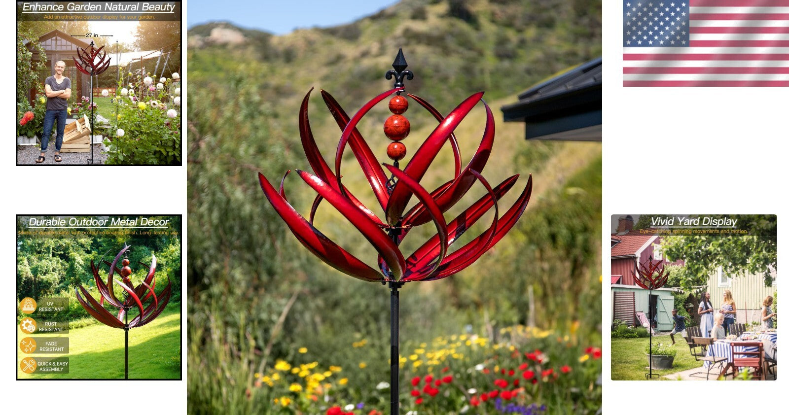 Durable Kinetic Garden Wind Spinner - Burgundy Lotus Design for Outdoor Spaces