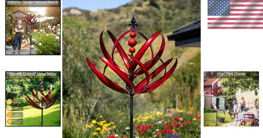 Durable Kinetic Garden Wind Spinner - Burgundy Lotus Design for Outdoor Spaces