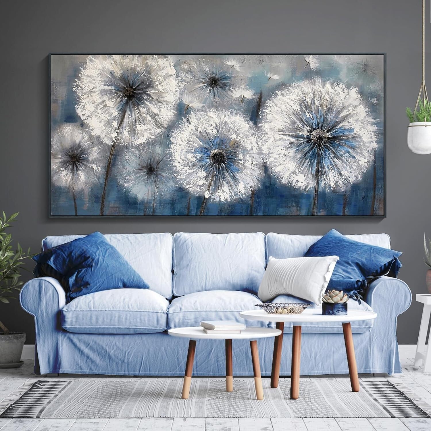 Dandelion Wall Art - Blue Canvas Painting, Framed Elegance for Living Spaces
