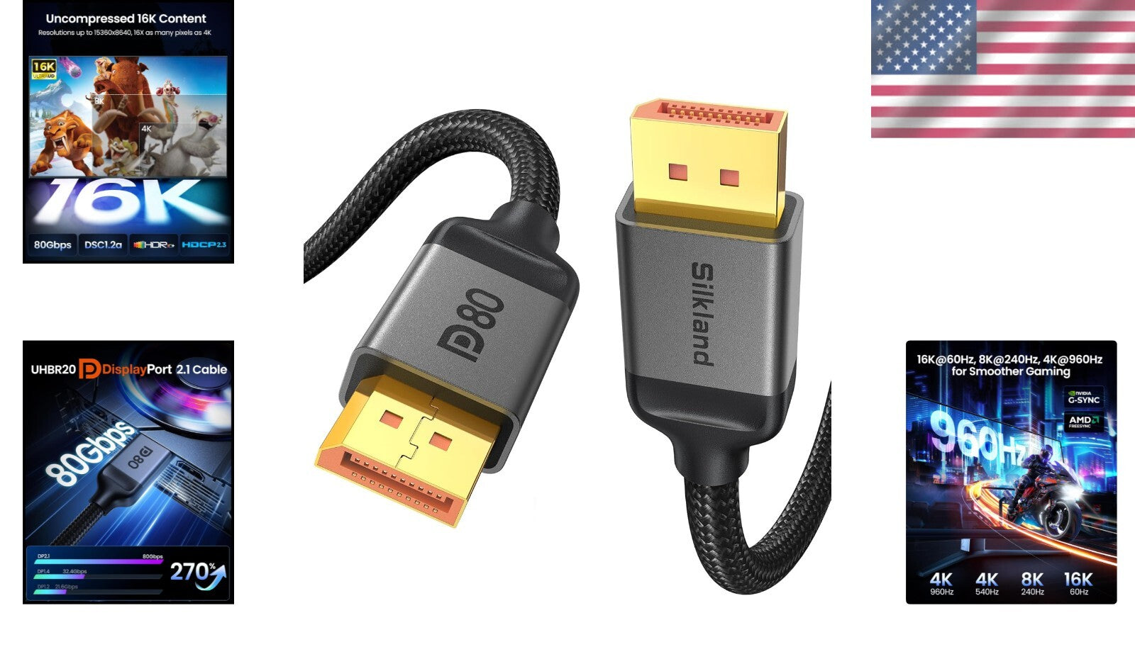 Durable 80Gbps DisplayPort Cable 2.1 - Ideal for Multi-Monitor Gaming Setups