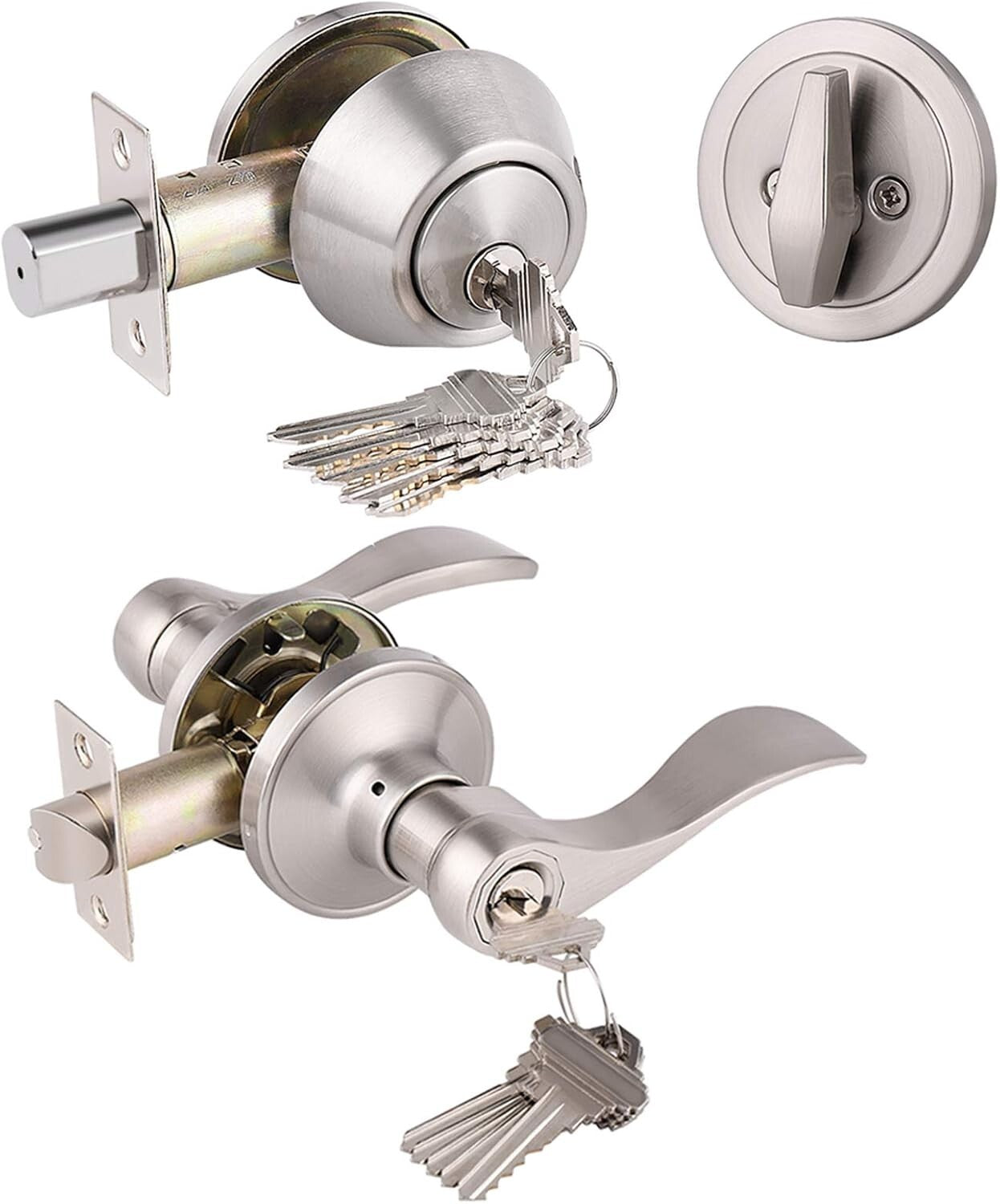 Premium Satin Nickel Lever & Deadbolt Combination lockset - 2 Pack Keyed Alike