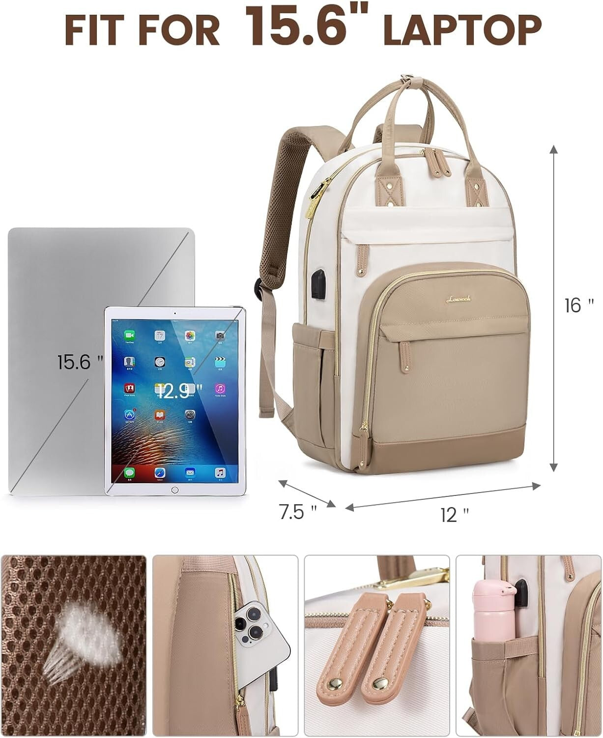Durable USB Charging Backpack for 15.6 Inch Laptop - Water-Resistant Beige-Khaqi