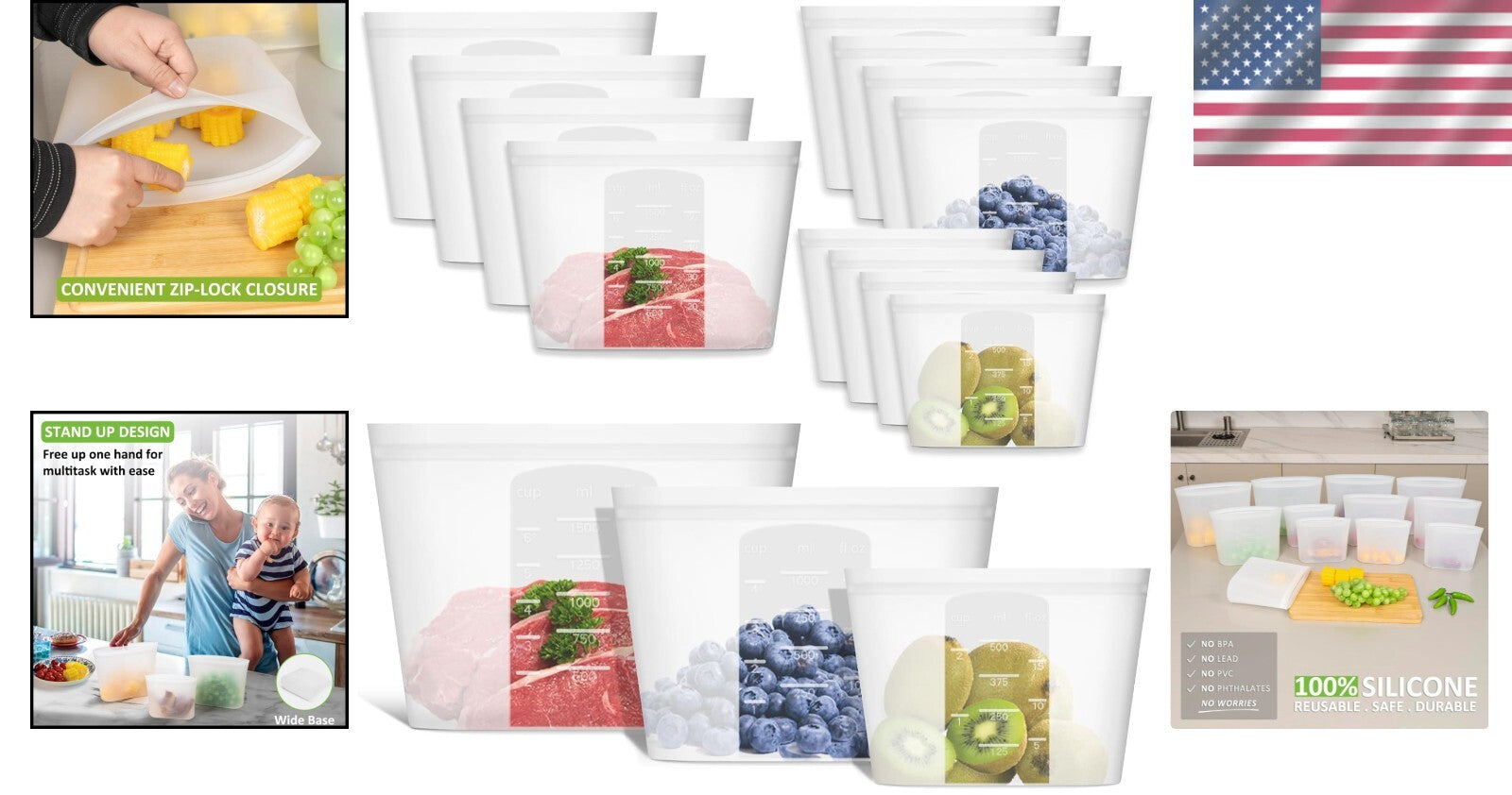 12-Pack Food-Grade Silicone Bags - Ziplock, Microwave, Freezer, Dishwasher Safe