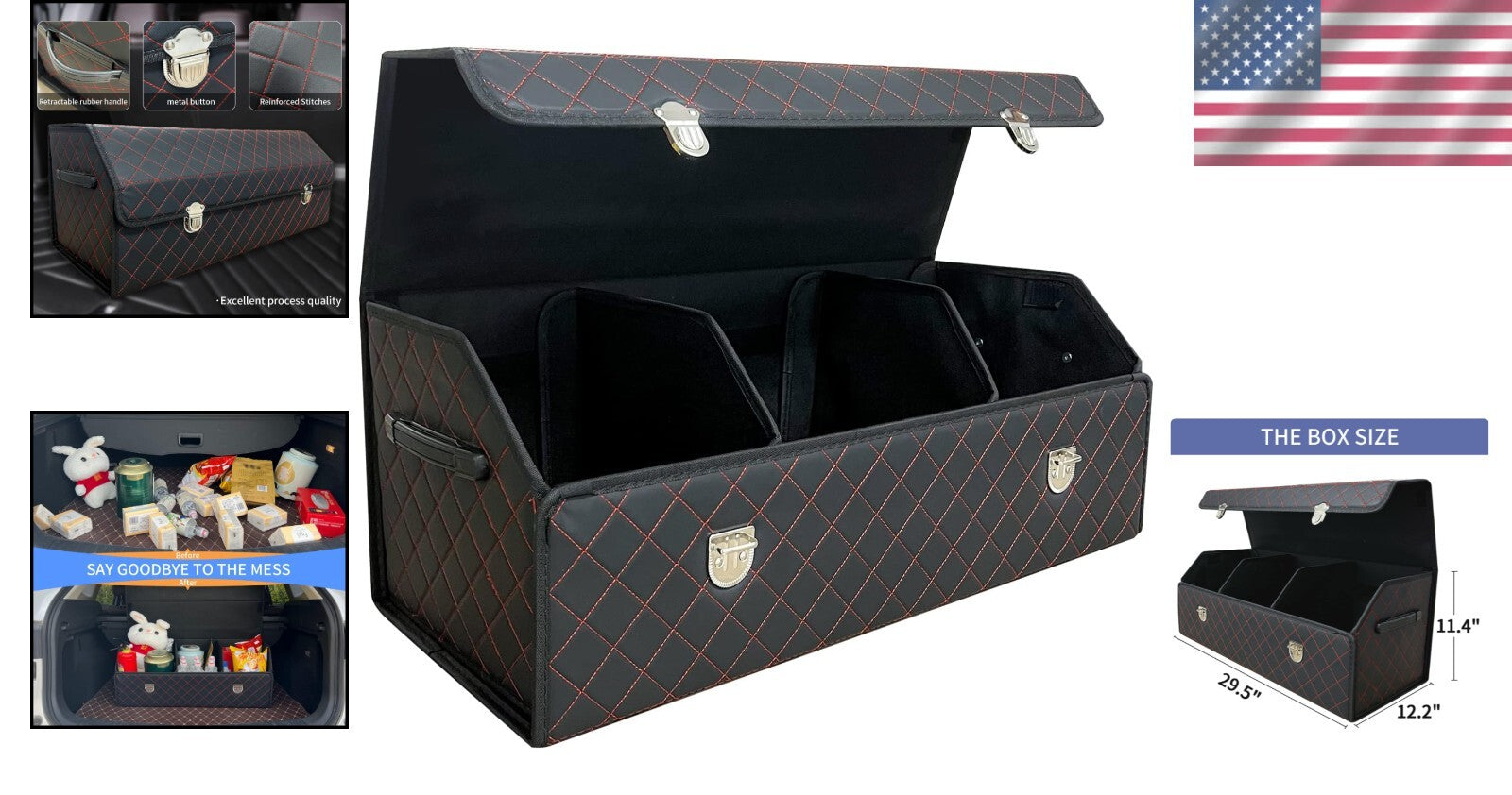 Elegant Foldable Black Red Grid Car Storage Box - Keeps Your Trunk Organized