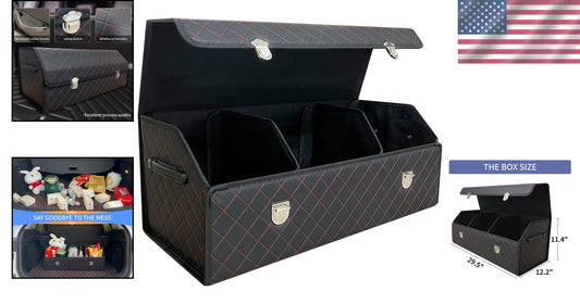 Elegant Foldable Black Red Grid Car Storage Box - Keeps Your Trunk Organized