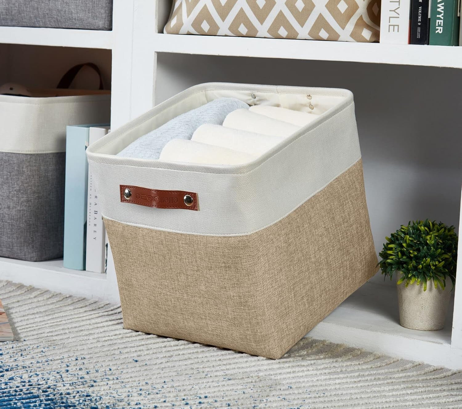 Durable 13 Inch Cube Storage Bins - Beige & White - Perfect for Organizing
