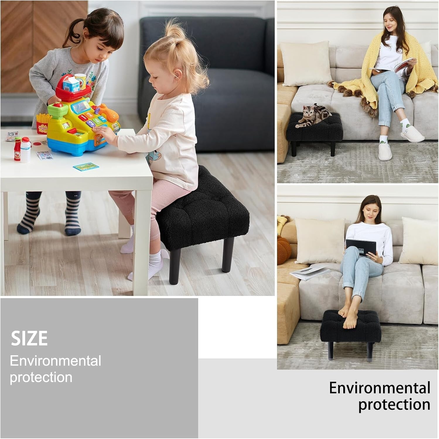 Elegant Jacquard Black Foot Rest Ottoman - Versatile Design for Modern Homes