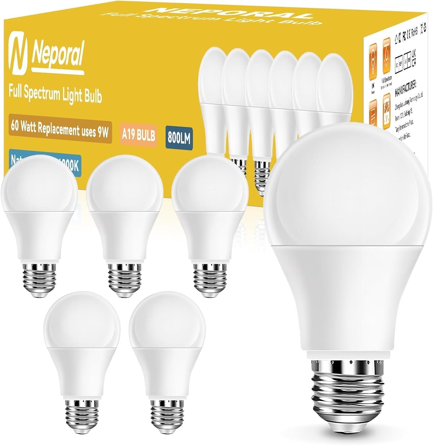 6000K Bright White LED Light Bulbs - 9W Energy Efficient A19, E26 Base, 6 Pack