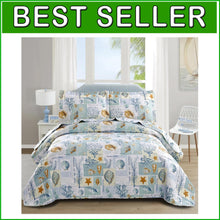Load image into Gallery viewer, Reversible Ocean-Themed Full/Queen Quilt Set with Vintage Seashell Pillow Shams