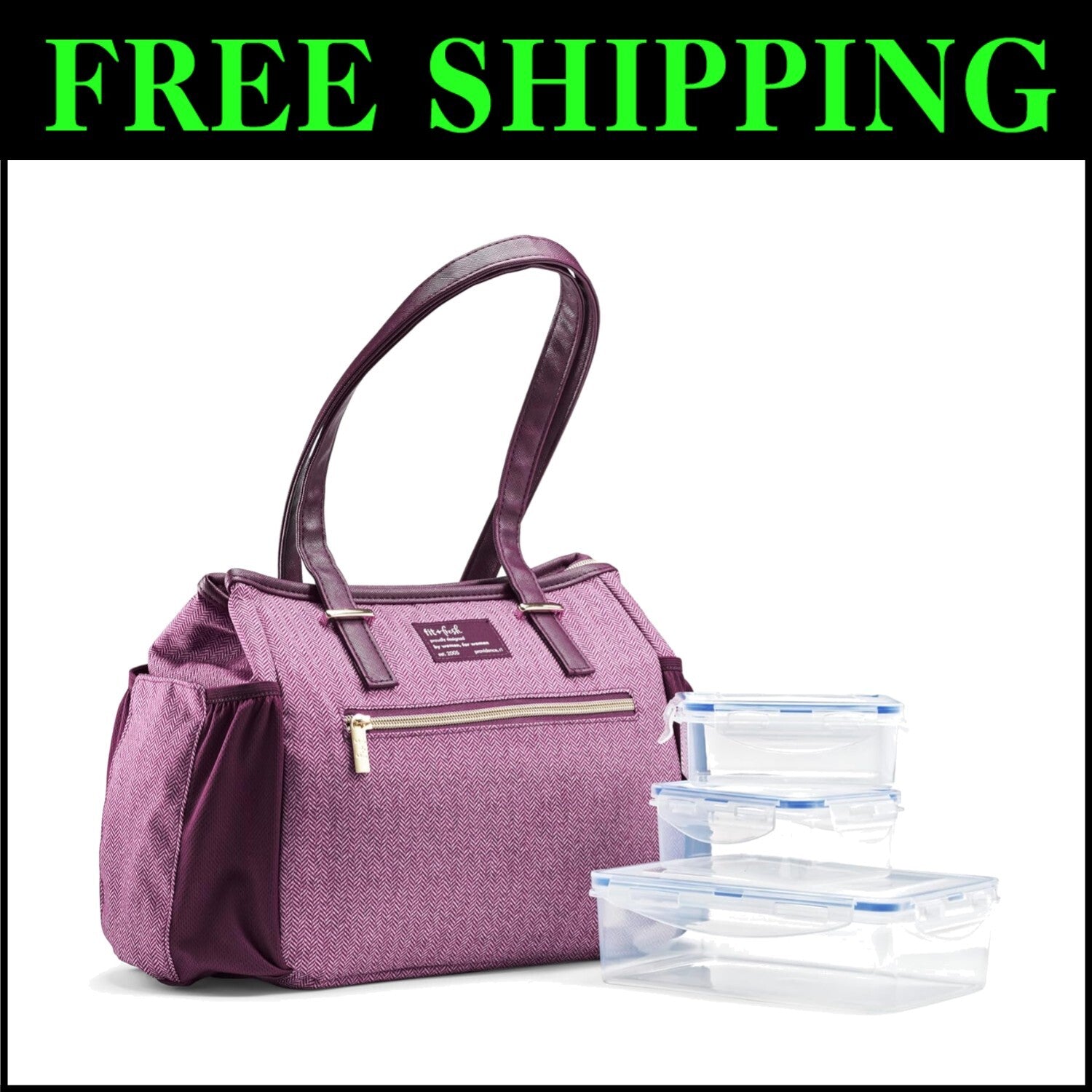 Chic Insulated Women's Lunch Tote - Includes 3 Containers & Zipper Closure