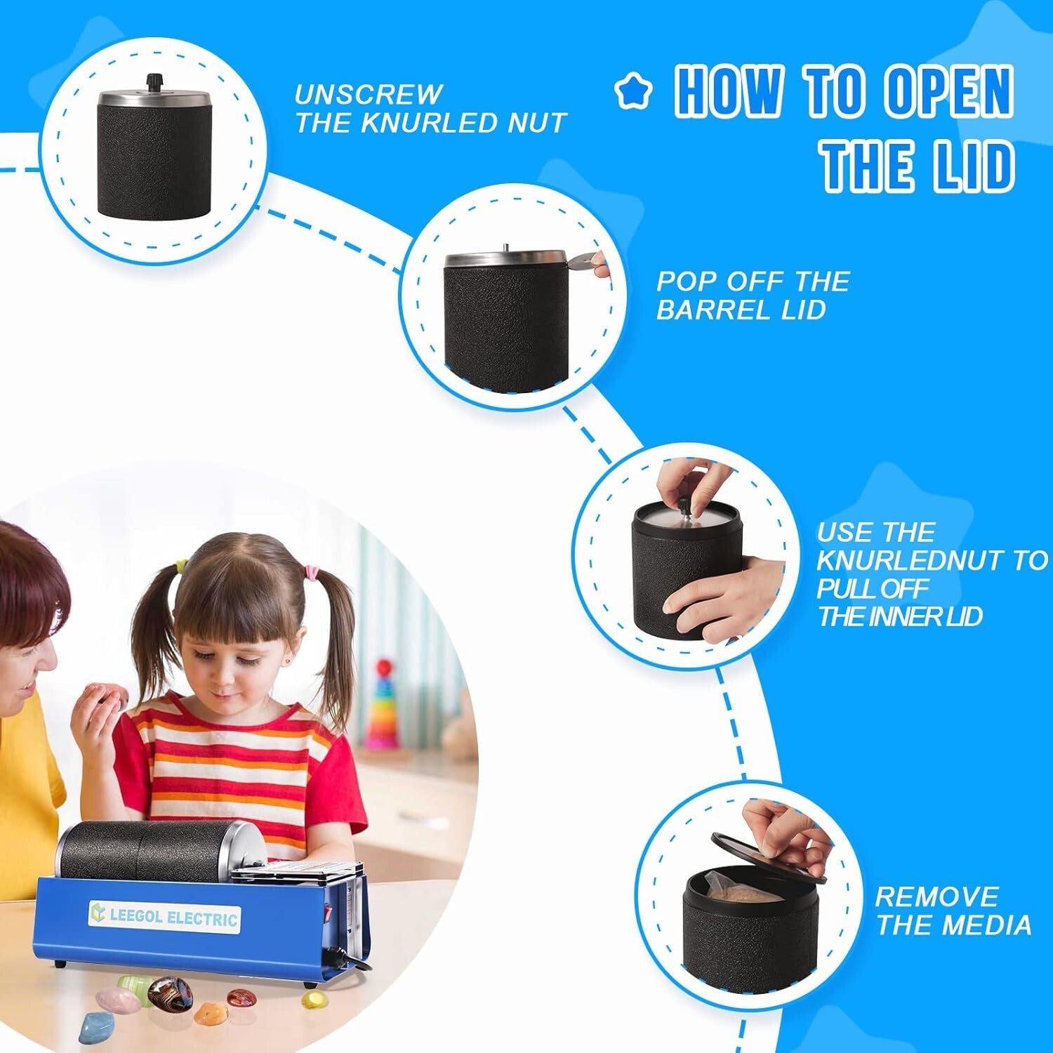 Compact 6LB Rock Tumbler With Rubber Barrels - Ideal for Polished Gem Projects