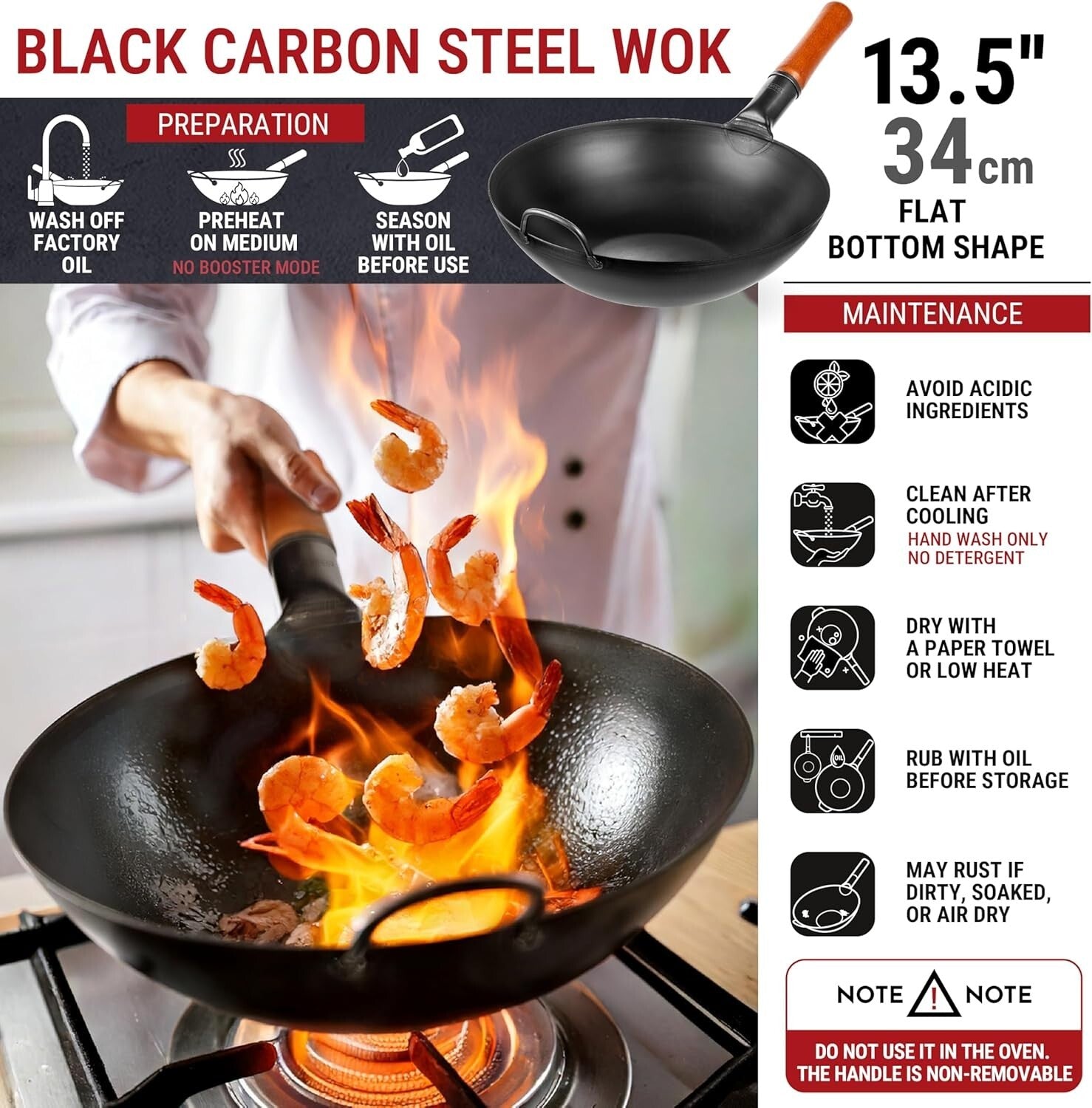 Authentic Carbon Steel Wok - 13.5” Stir Fry Pan for All Stovetops & Outdoor BBQ