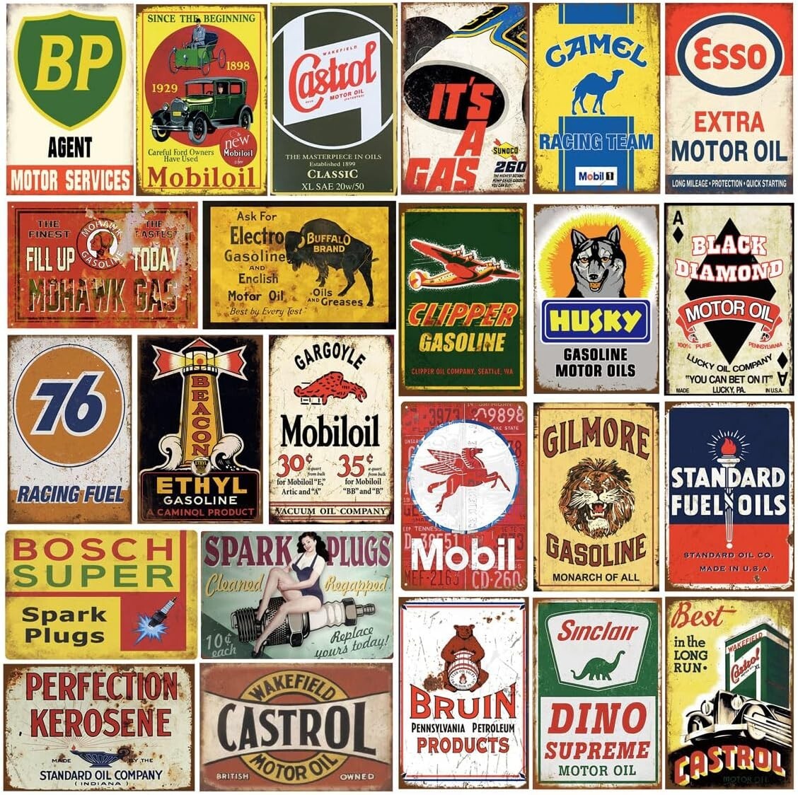 Durable Vintage Gas & Oil Metal Signs - 24-Piece Wall Art Collection, 8x12 in.