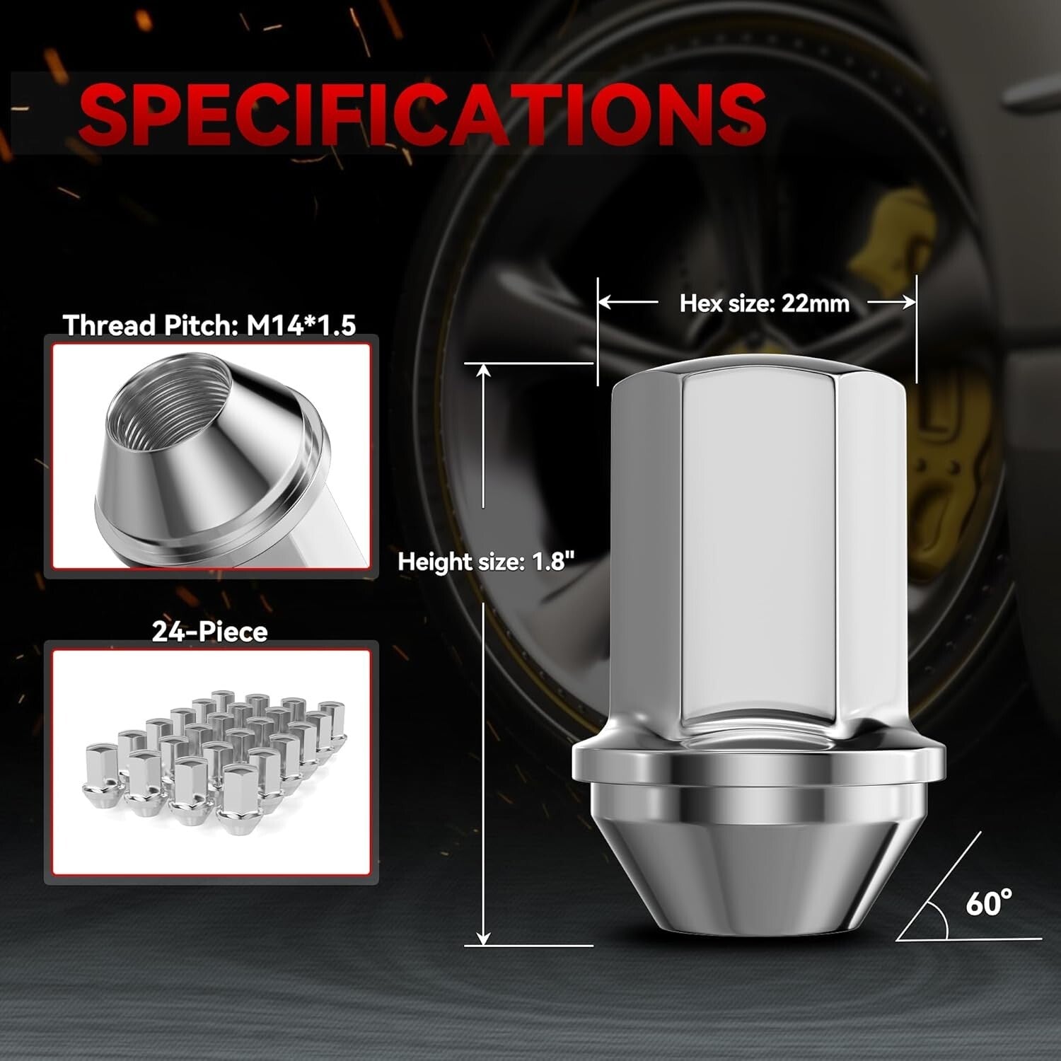 Premium 14x1.5 Pitch Acorn Seat Wheel Lug Nuts - 24pcs for Silverado/Sierra 1500