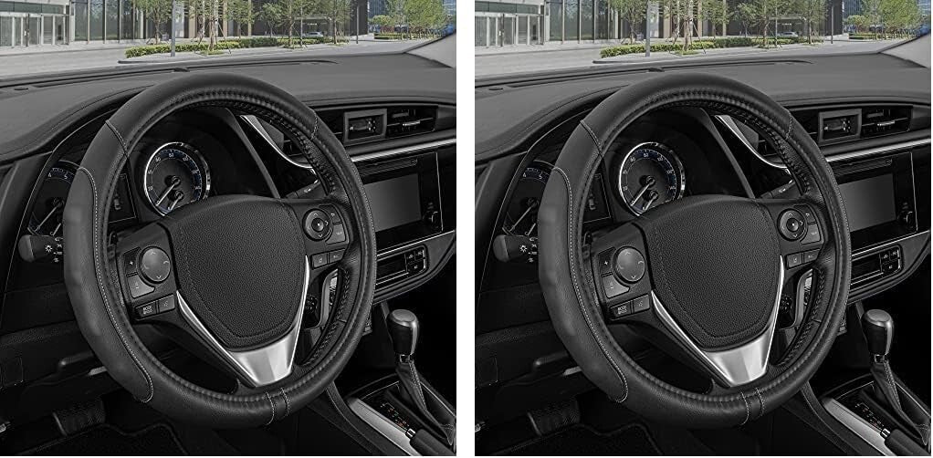 Durable Black Faux Leather Steering Wheel Covers with Accent Stitching - 2 Pack