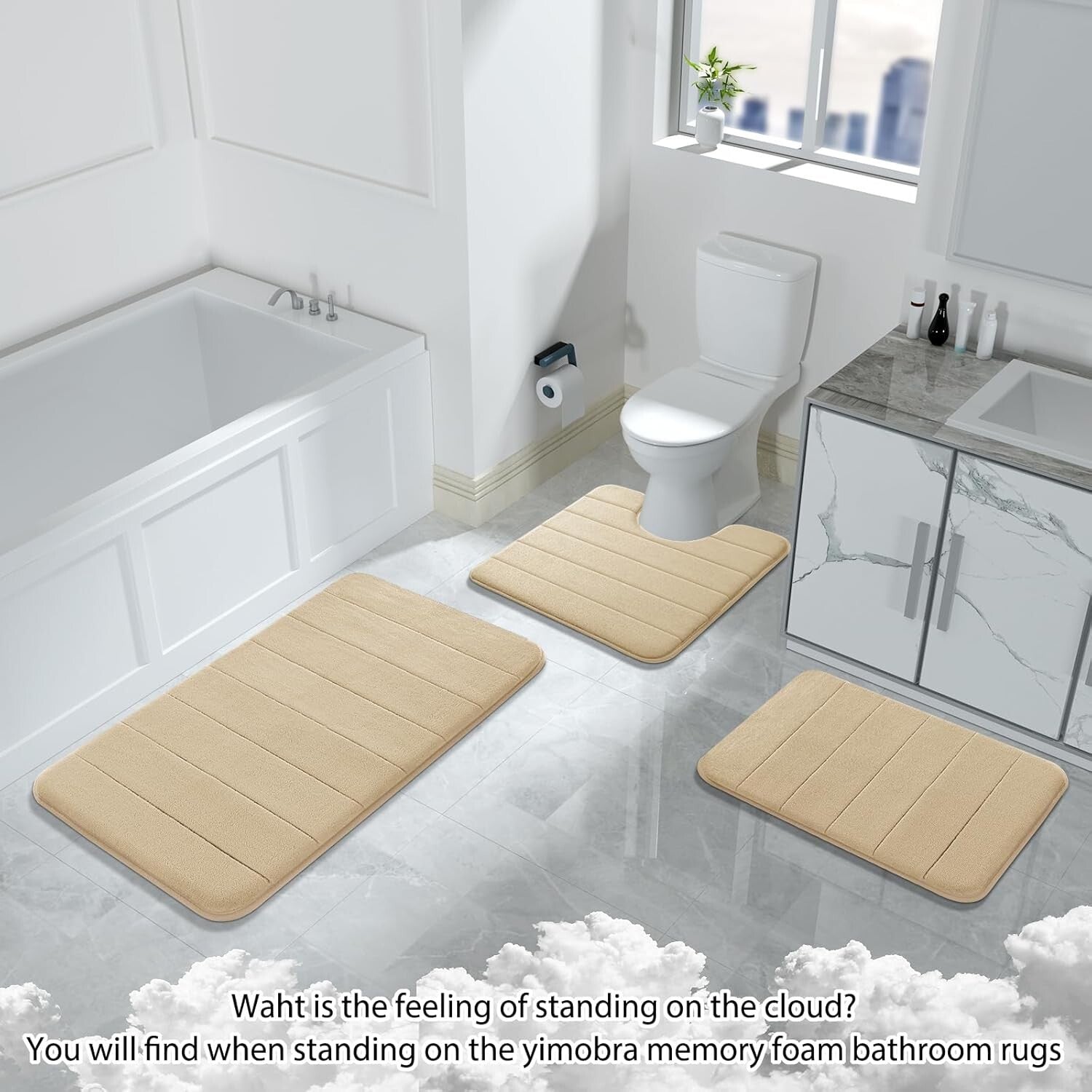 3-Piece Beige Memory Foam Bath Rug Set - Ultra-Soft, Water Absorbent & Non-Slip