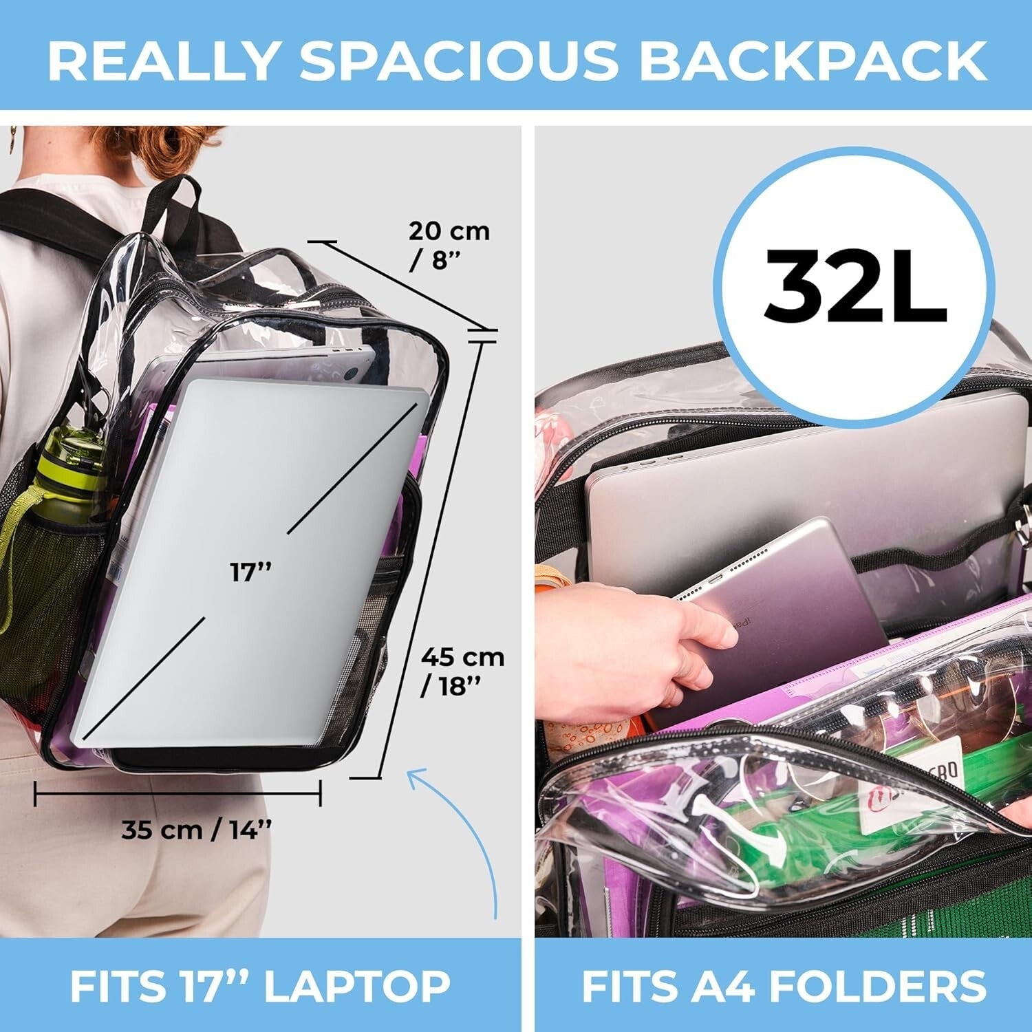 Extra-Large Clear Backpack with TSA Lock & 32L Capacity - Heavy Duty and Stylish