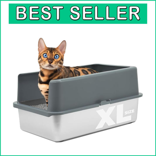 Durable Stainless Steel Litter Box with High Sides - Easy to Clean & Odor-Free