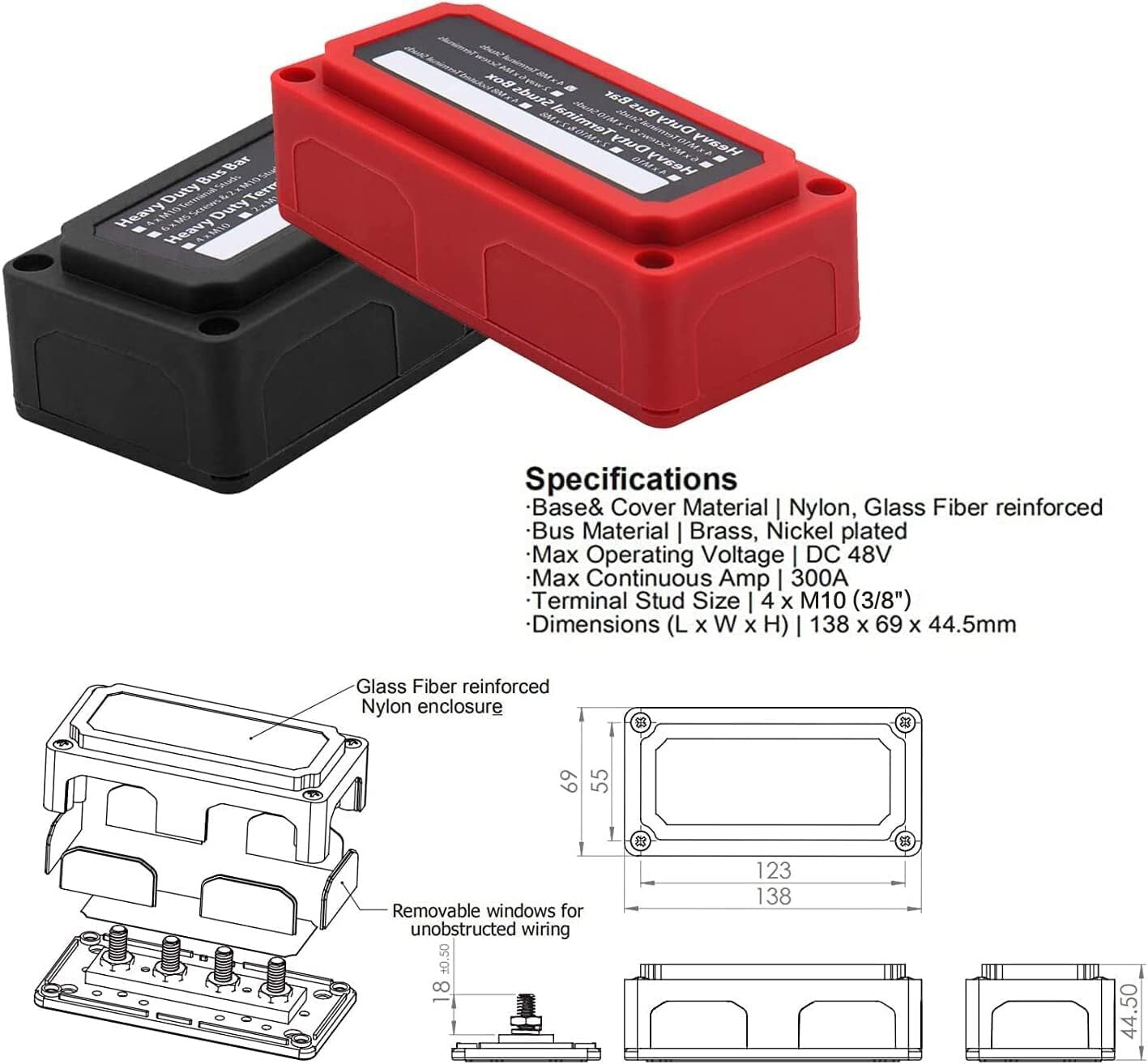 300A Waterproof Power Distribution Block with 4 M10 Terminal Studs - Heavy Duty