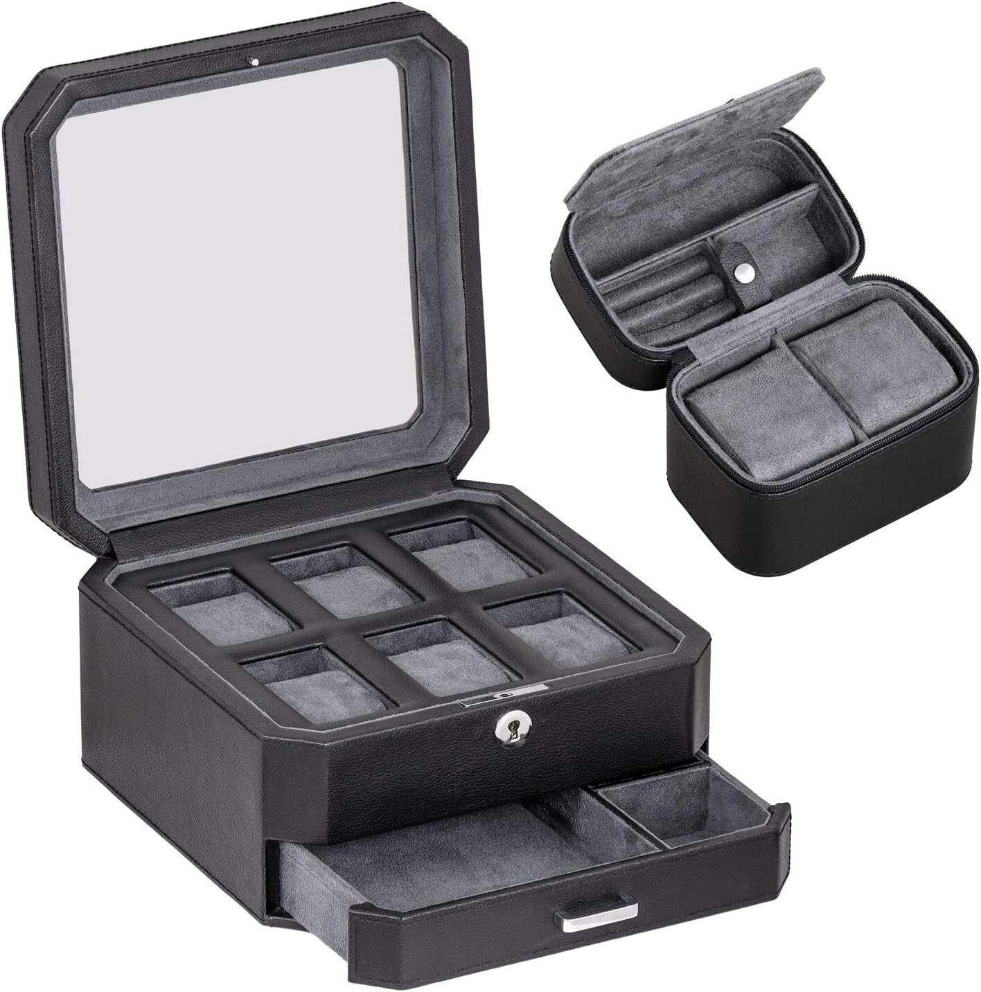 Stylish Watch Storage Gift Set: 6 Slot Leather Box & Travel Case for Men & Women