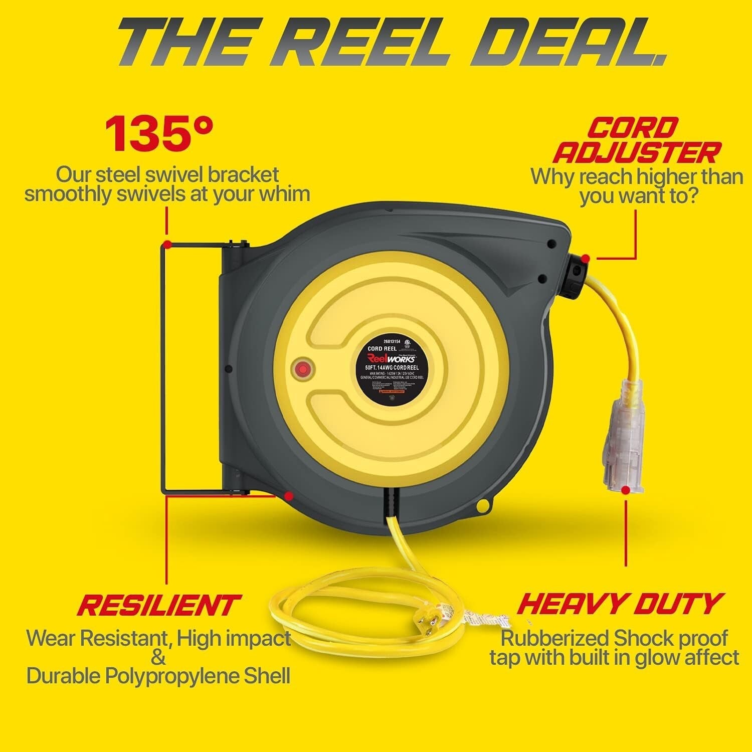 Durable 50ft SJTOW Extension Cord Reel - UV Resistant with Adjustable Stopper