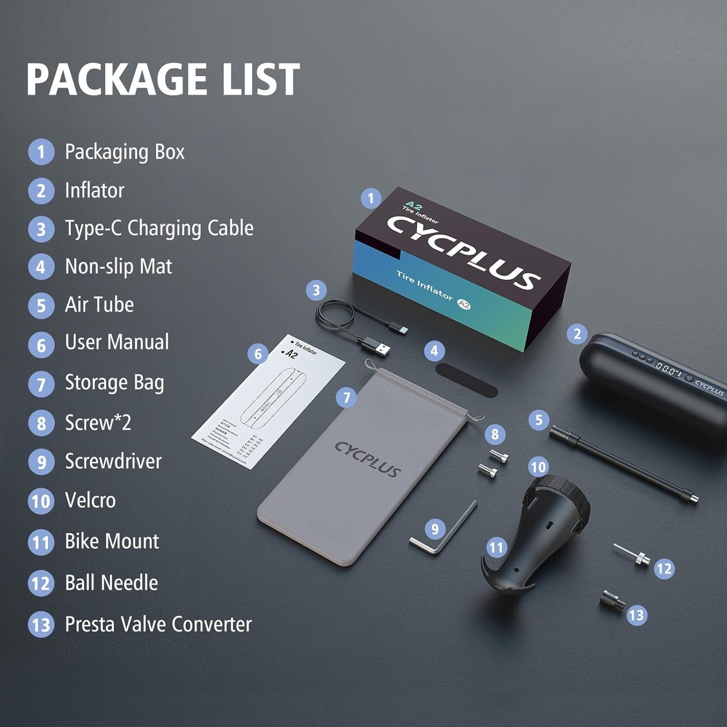 Efficient Tire Inflator with Presta & Schrader Valves - Rechargeable & Cordless