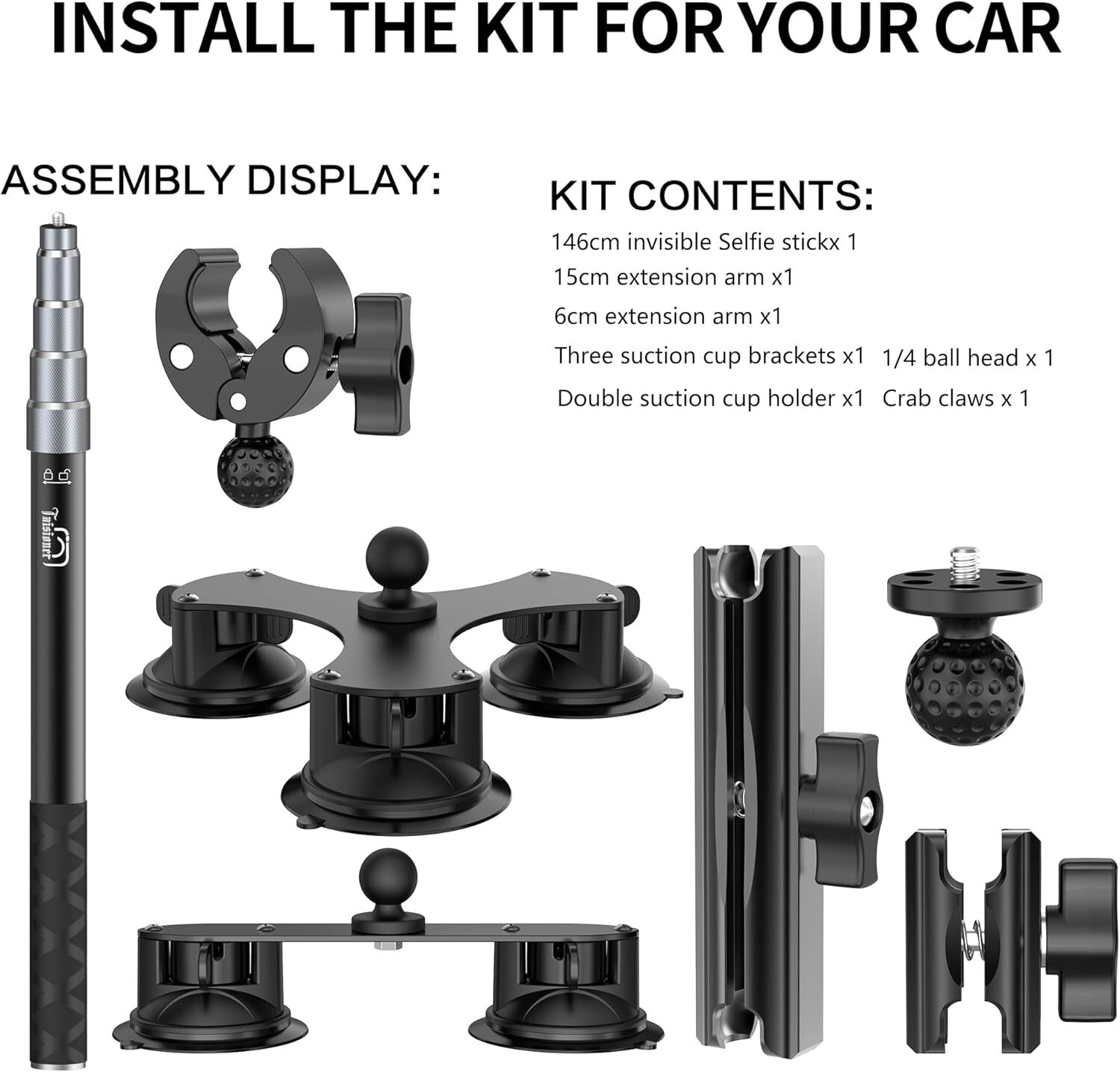 Complete Suction Car Mount Kit for Insta360 & GoPro - Ideal for Vlog Adventures