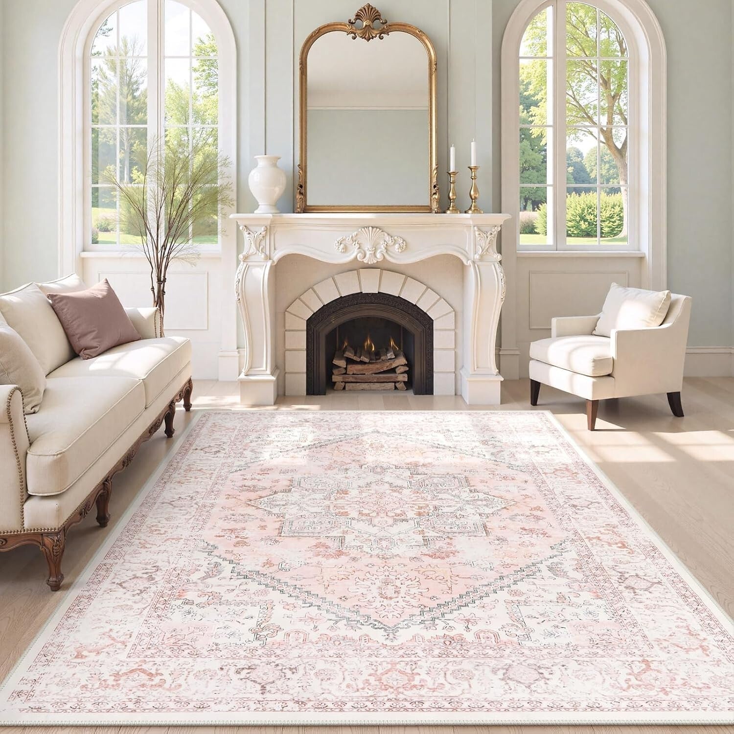 Beautiful Pink Medallion Area Rug 8x10 - Bohemian Floral Carpet for Indoor Use