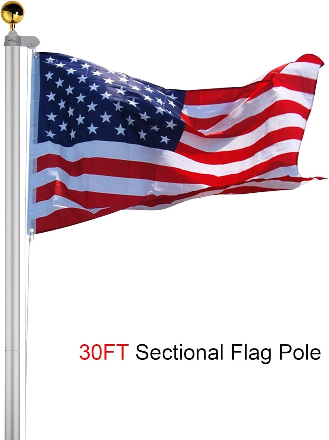 Durable 30FT Aluminum Flagpole with 3'x5' American Flag - Fly 2 Flags Easily