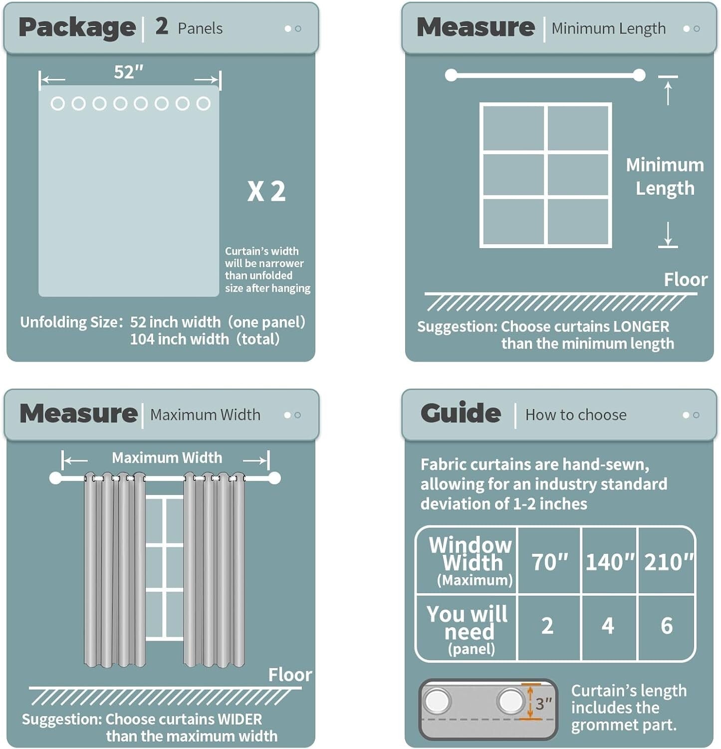 Blackout Room Darkening Drapes 52 x 72 Inches - Grommet & Thermal Insulation Set