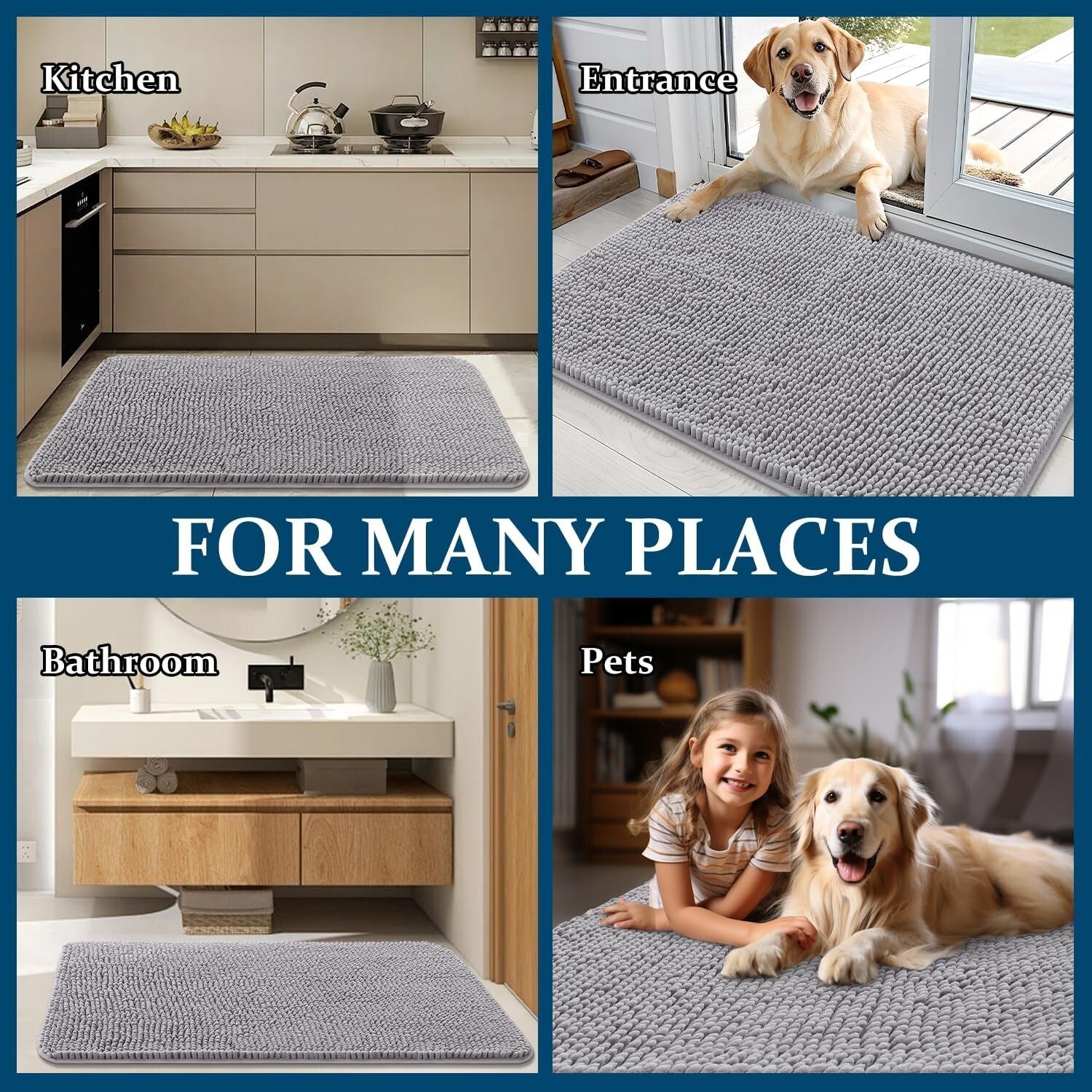 36x24 Absorbent Chenille Dog Mat - Washable, Quick Dry, Non-Slip Entryway Rug