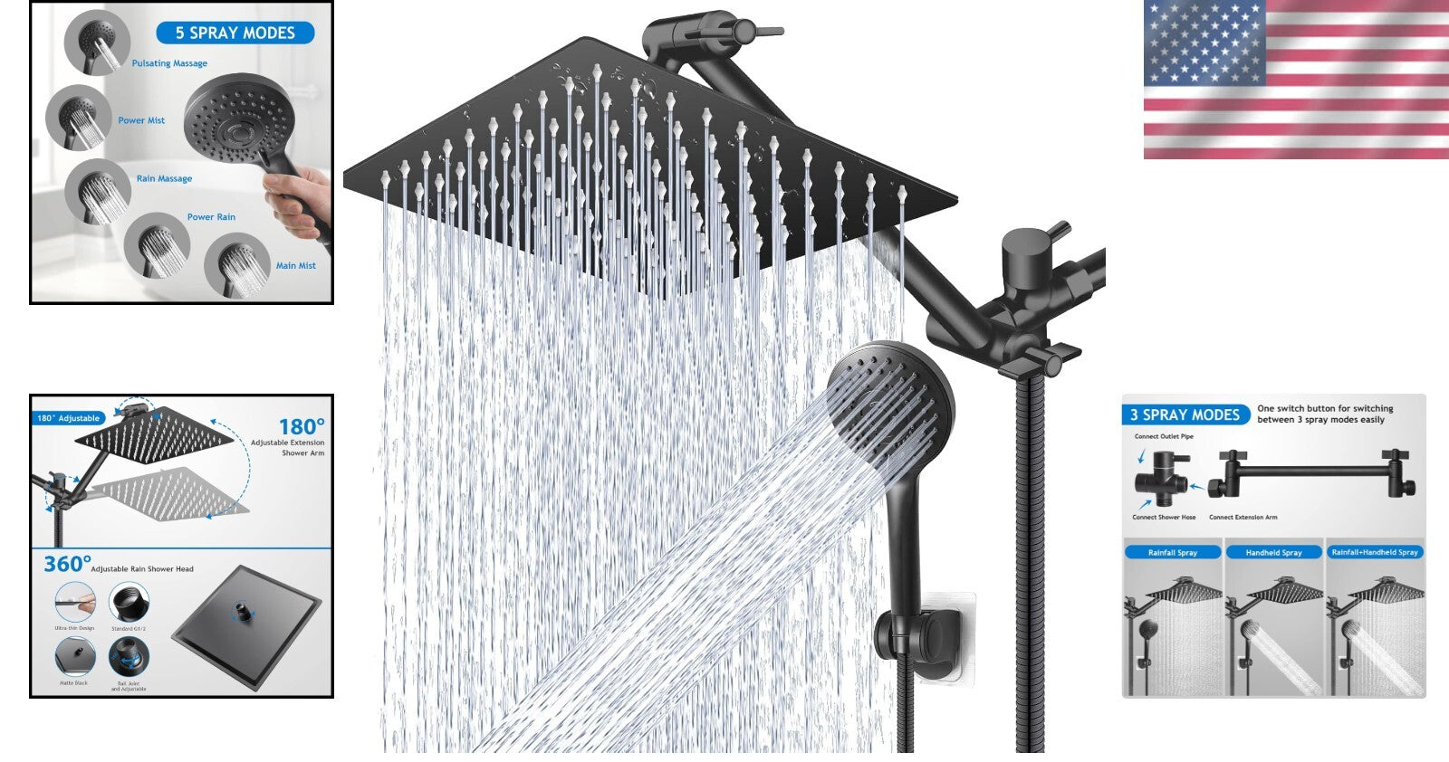 Adjustable 11-Inch Shower Arm with Large 12-Inch Rain Shower & Handheld Combo