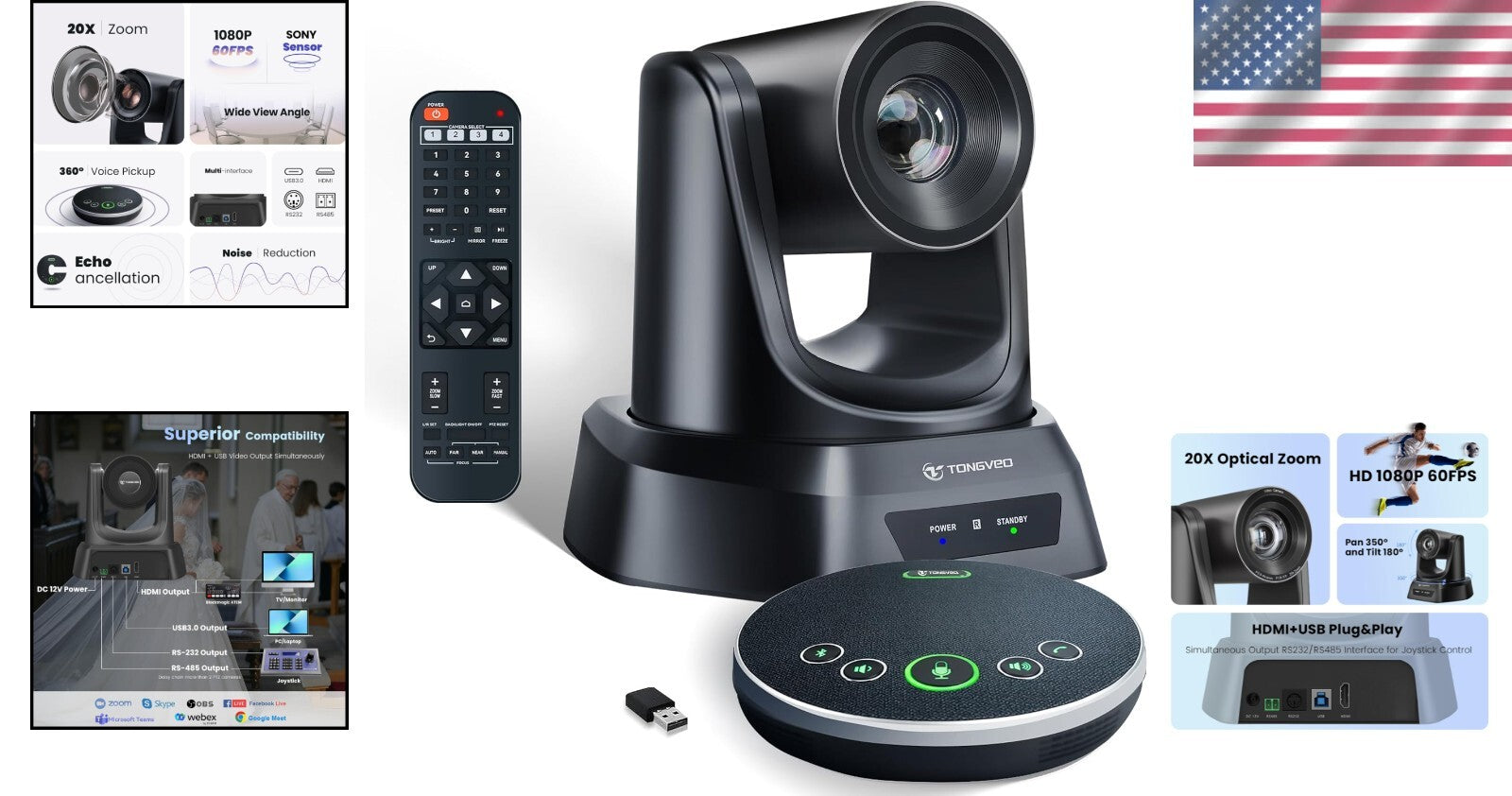 20X Optical Zoom 1080P PTZ Conference Camera System with Bluetooth Speakerphone