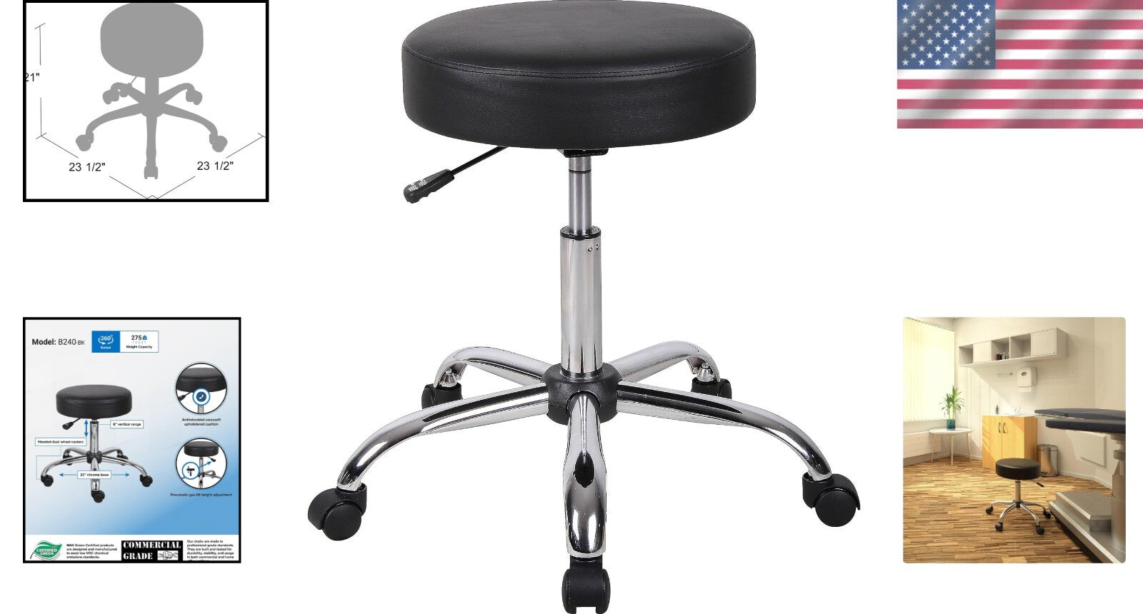 Contemporary Black Vinyl Medical Stool with Easy-Clean Surface & Chrome Base