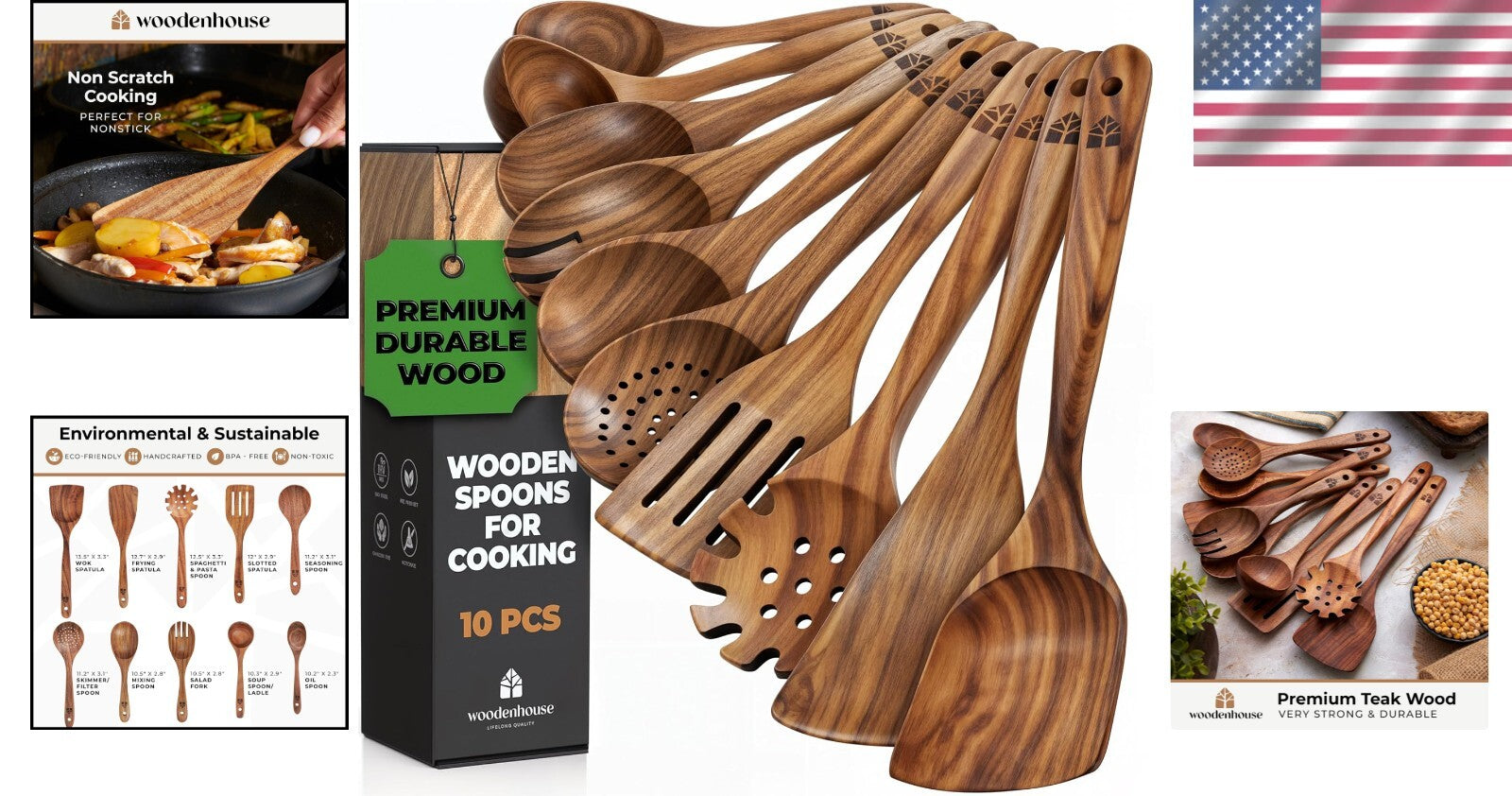 Elegant 10-Piece Wooden Cooking Utensils Set in Teak - Lightweight & Sturdy