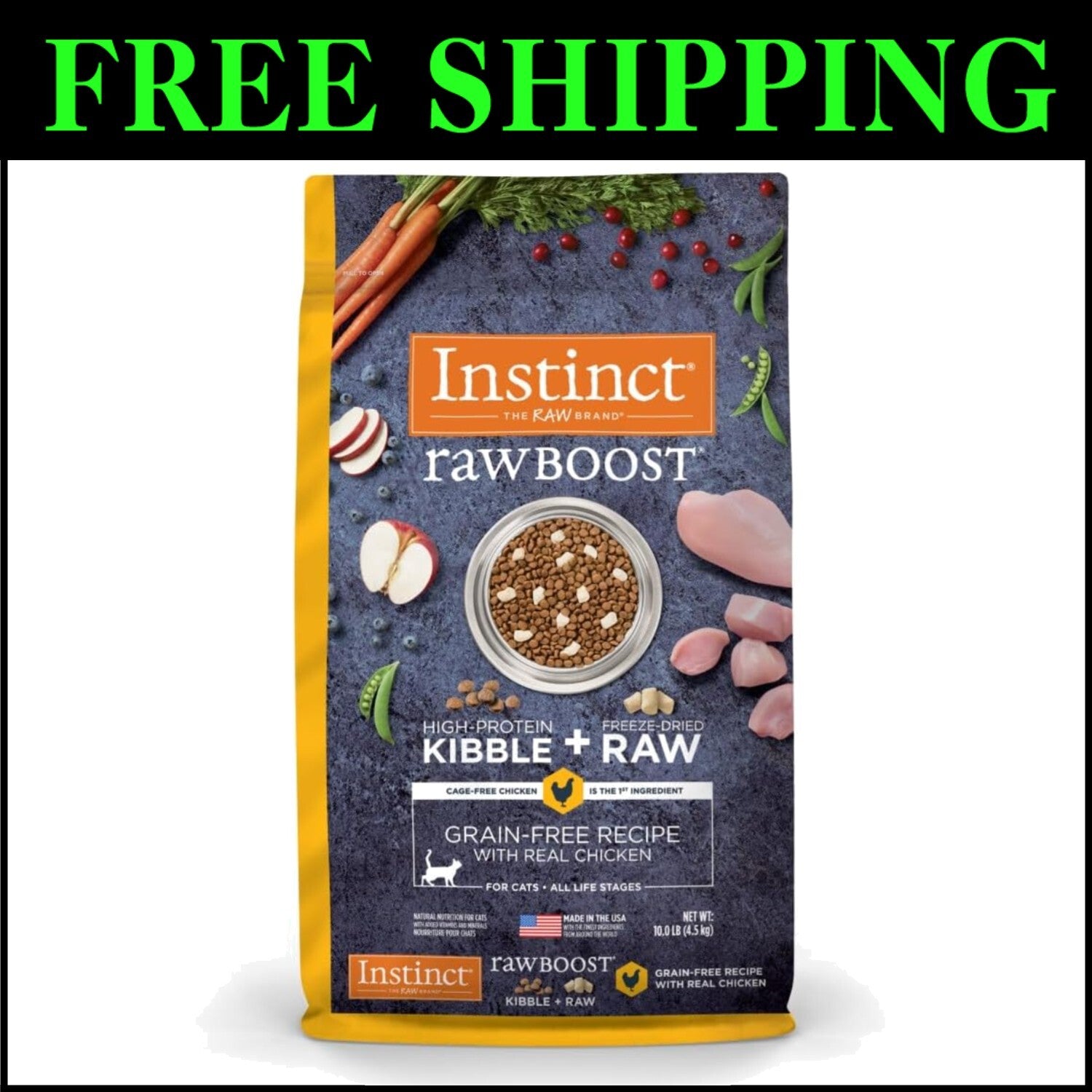 High Protein Dry Cat Food with Raw Chicken - Grain-Free, 10 lb for All Breeds