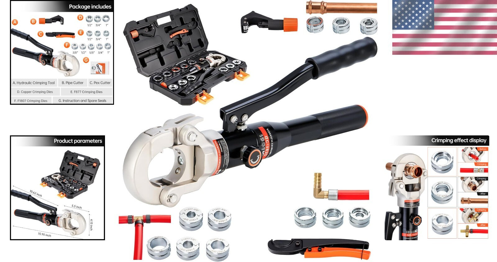 Professional Hydraulic Crimping Tool with 1/2, 3/4, 1 Inch Dies for PEX & Copper