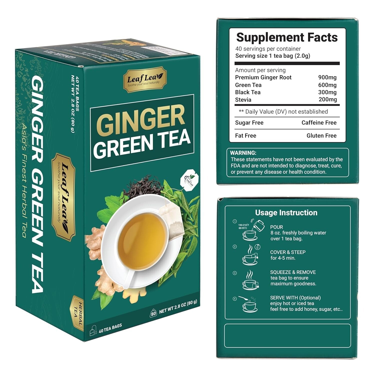Natural Green & Ginger Tea Bags - Warming 160-Pack for Daily Invigoration