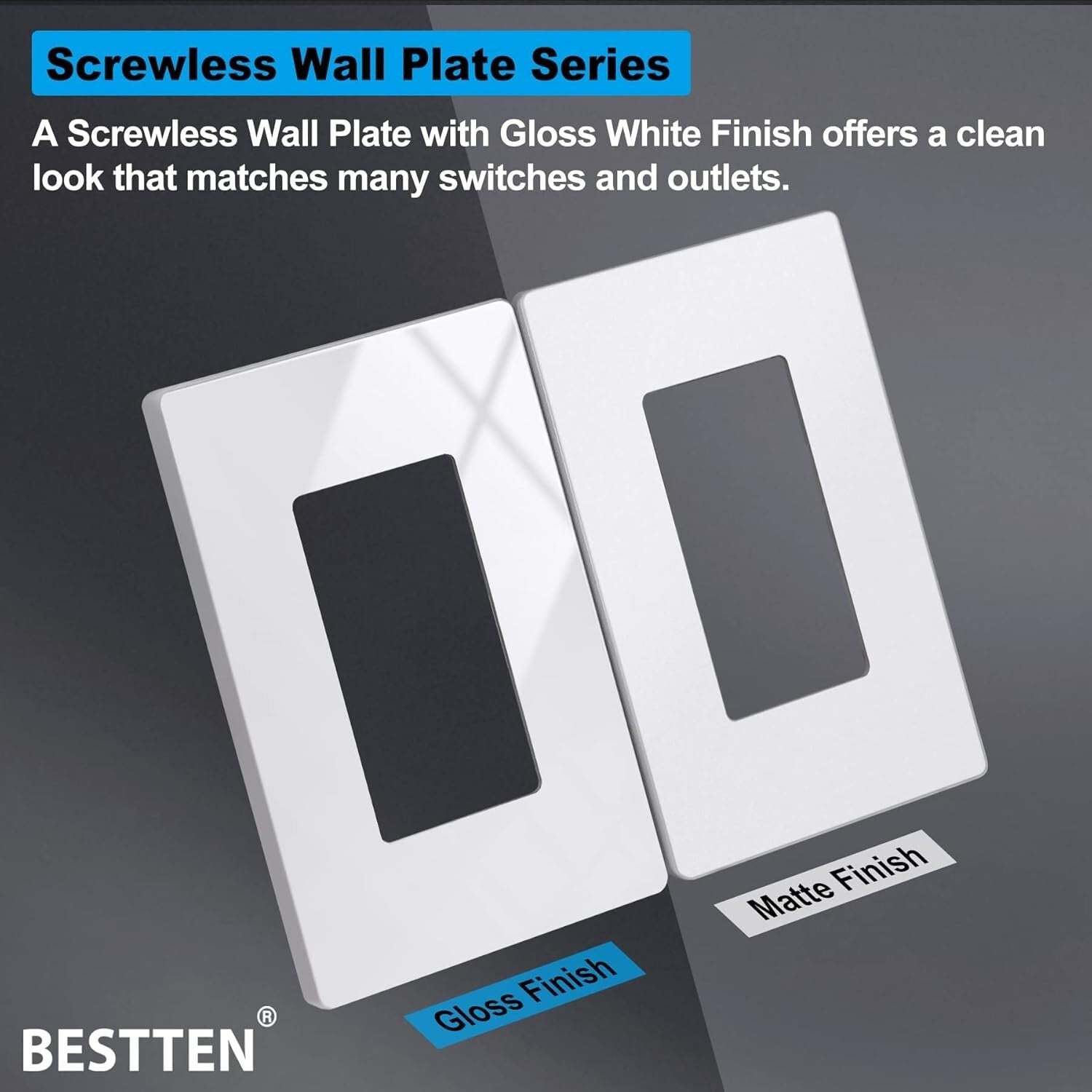 Ultra-Safe 1 Gang Screwless Wall Plates - 50 Gloss Snow White Covers, Easy Clean