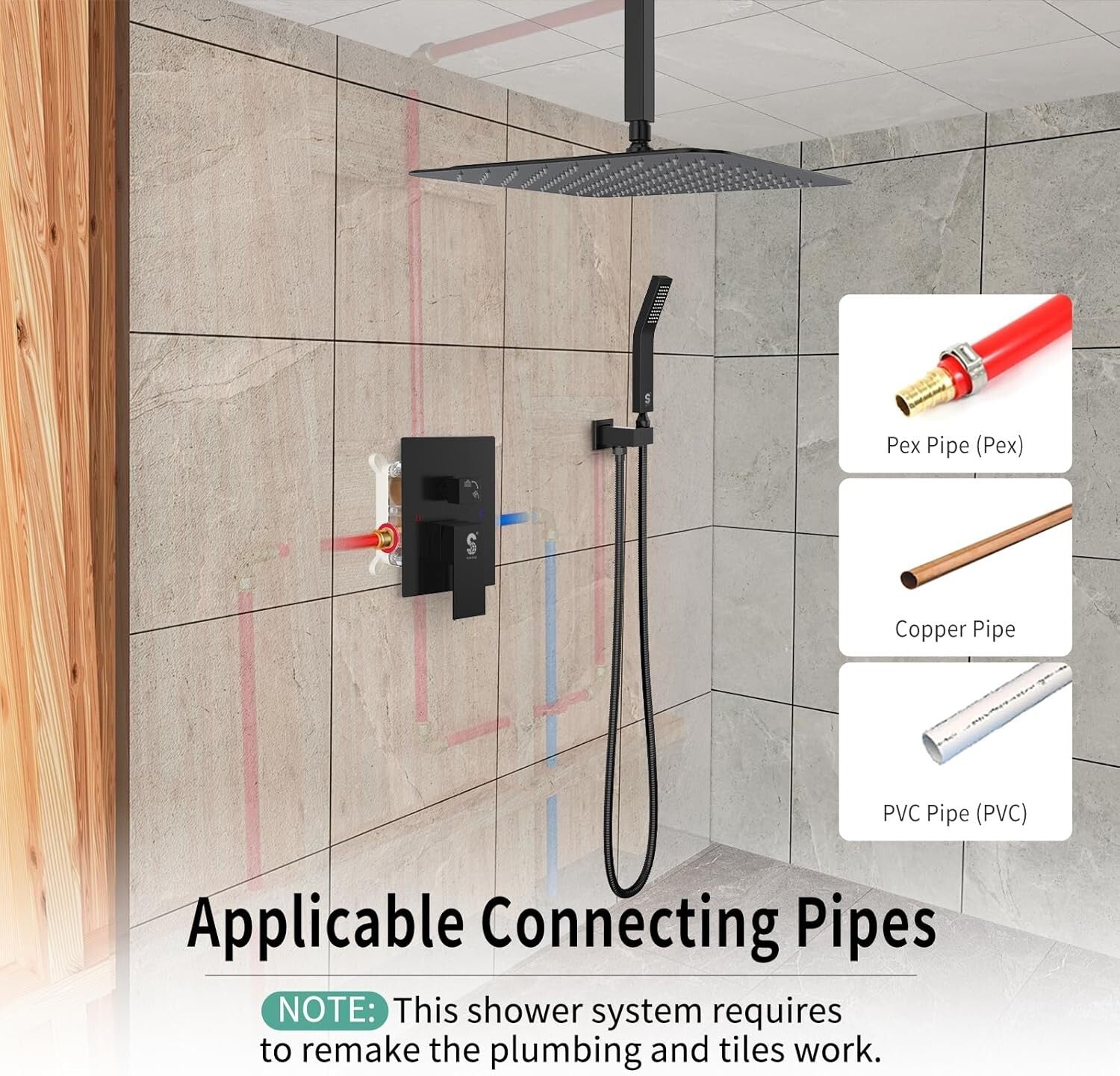 Matte Black Luxury Shower Faucet Set - 12 Inch Rain Shower Head with Trim Kit