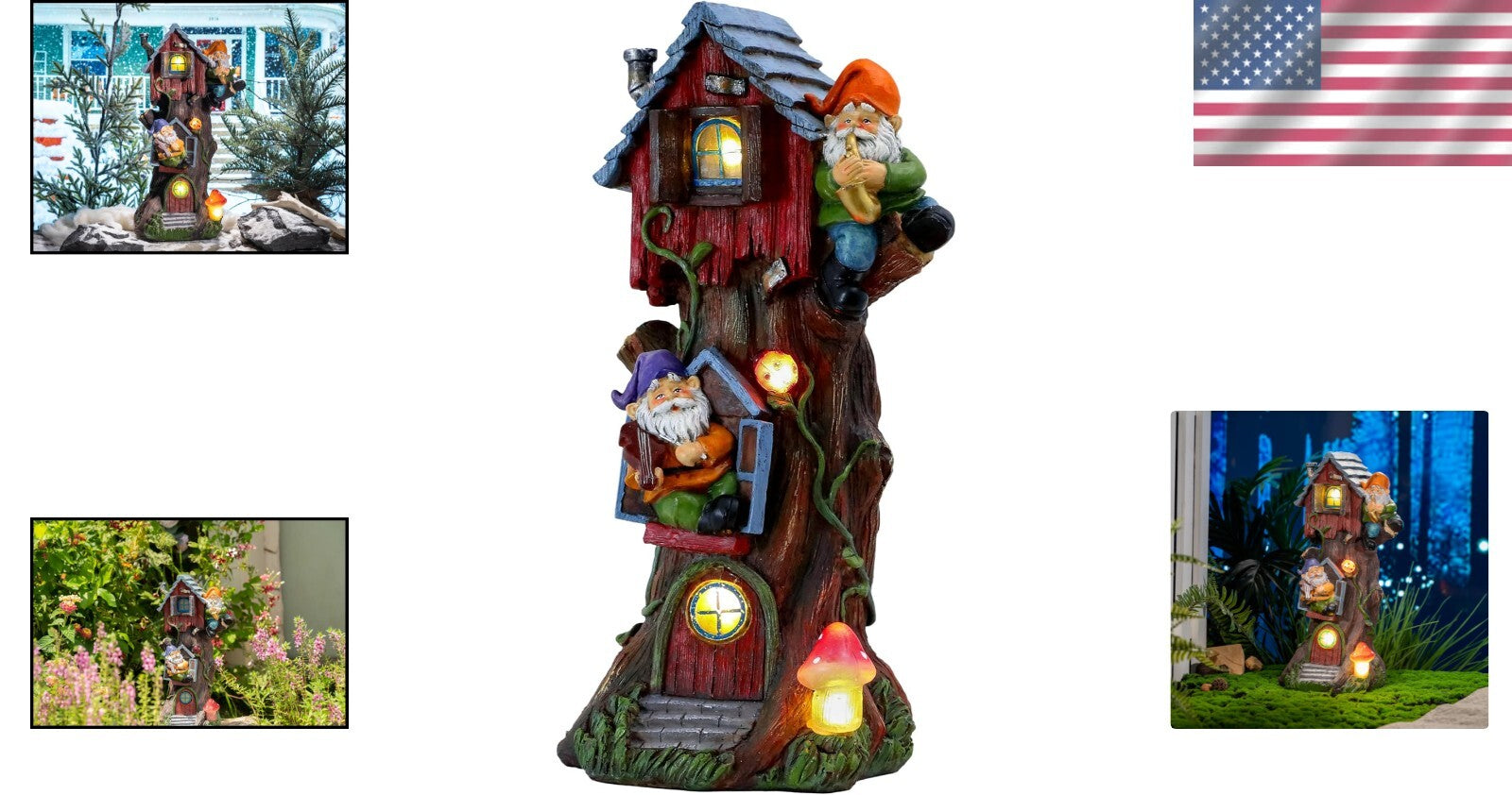 Charming 11" Gnome Treehouse with Solar Light - Perfect Garden Figurine Ornament