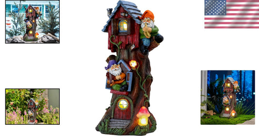 Charming 11" Gnome Treehouse with Solar Light - Perfect Garden Figurine Ornament