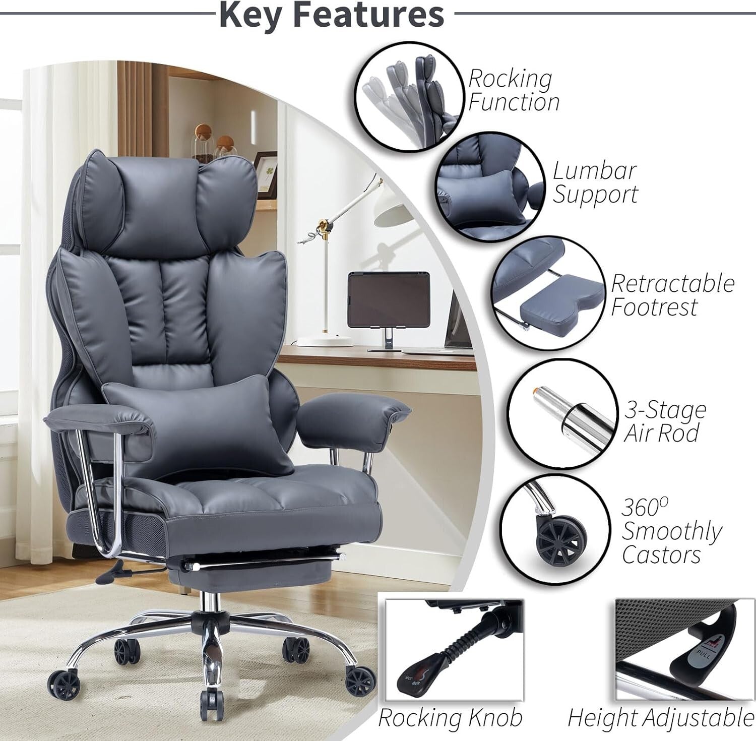 Big and Tall High Back Computer Chair with Footrest - Mineral Grey Elegance