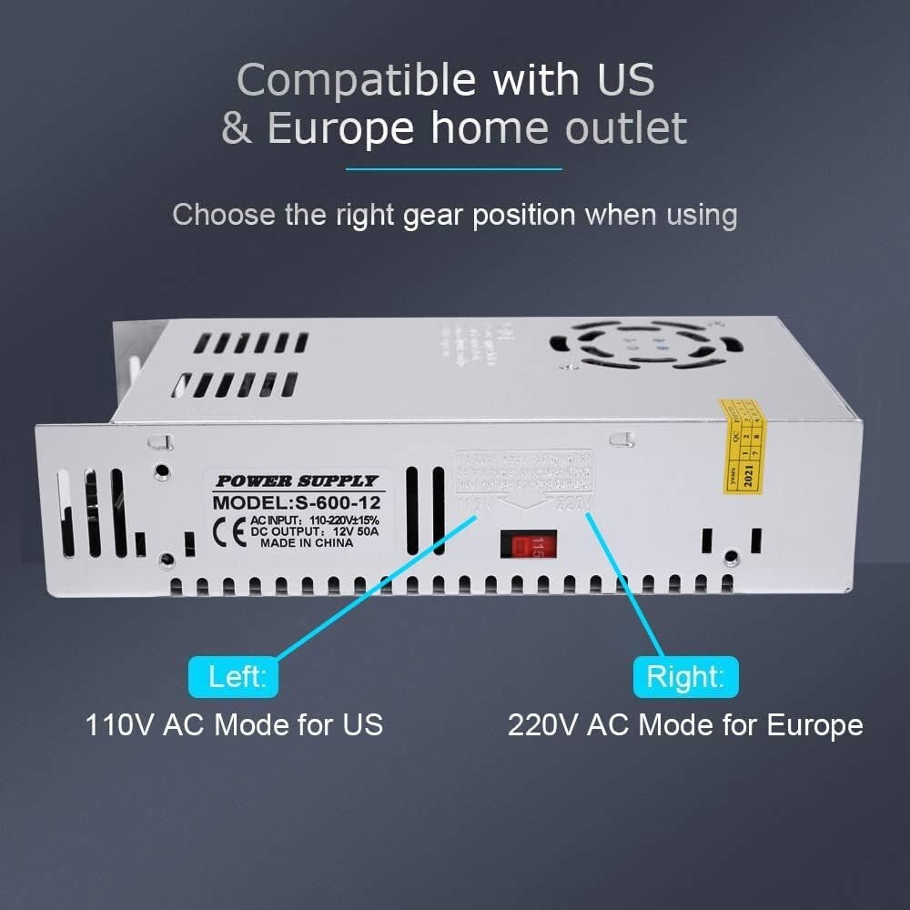 Efficient Switching Power Supply 12V 50A 600W - Adjustable AC 110V/220V Input