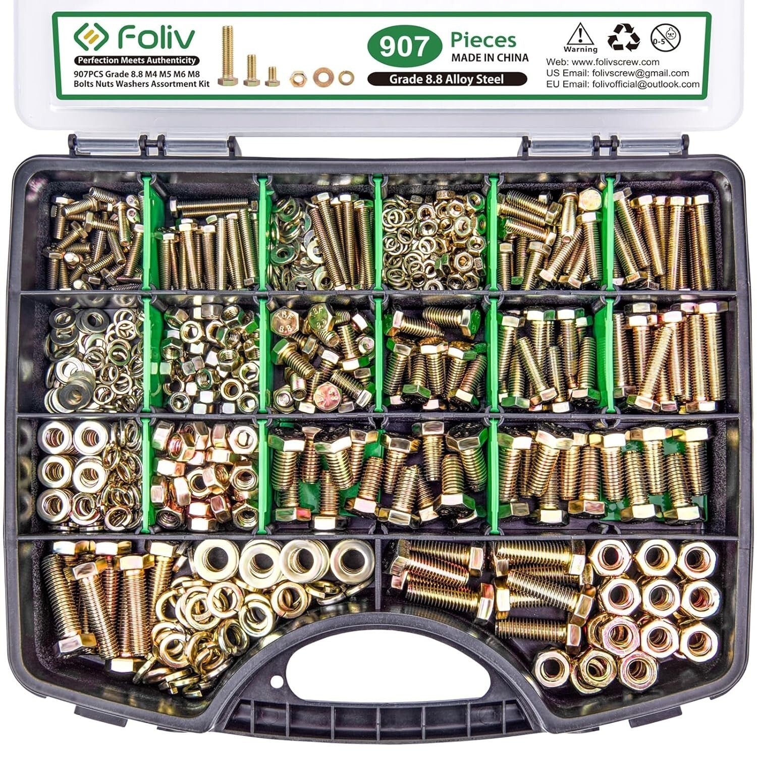 Durable Metric Bolt Assortment Kit - 907pcs of M4, M5, M6, M8 - Green Initiative